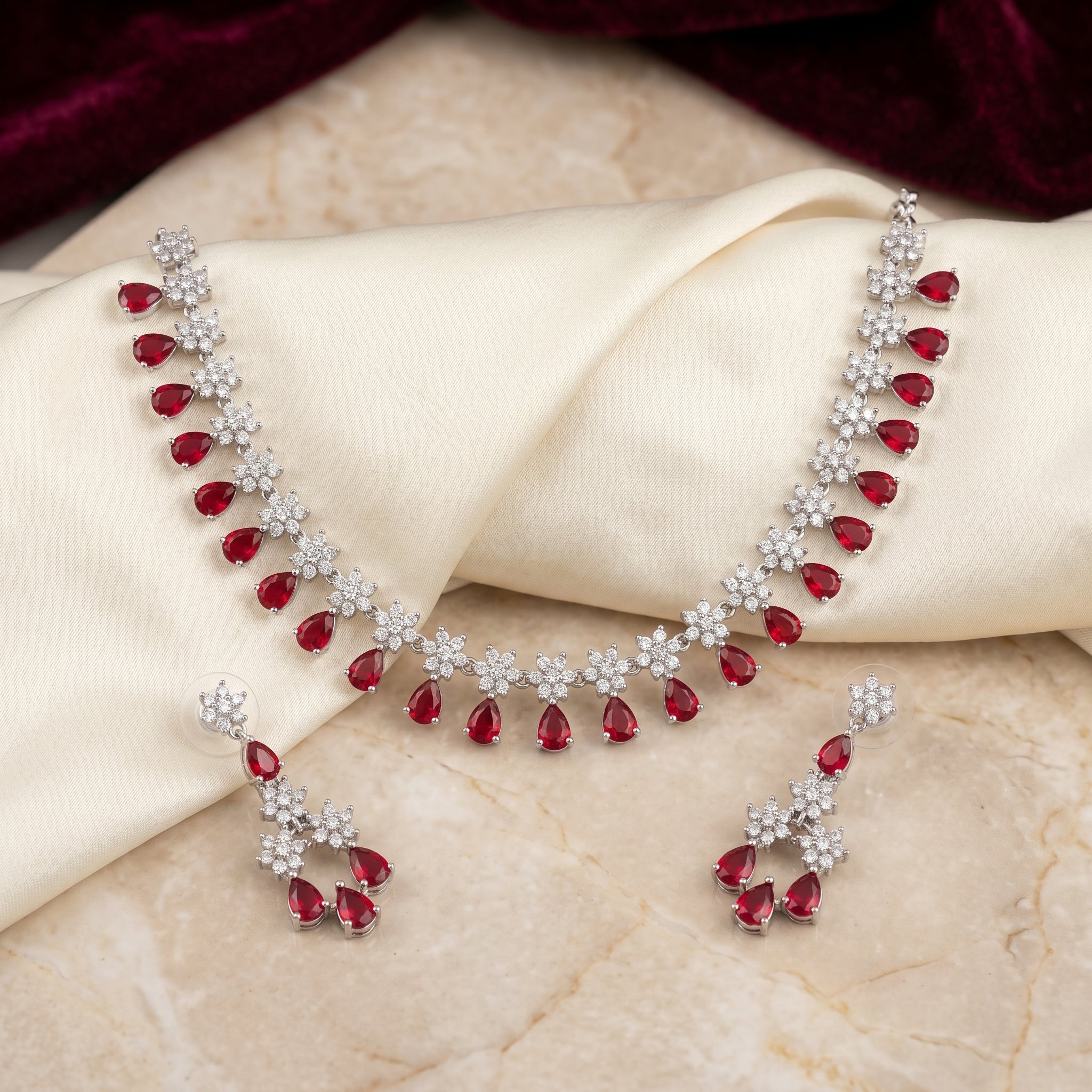 Ruby Drop Floral Fringe Necklace Set