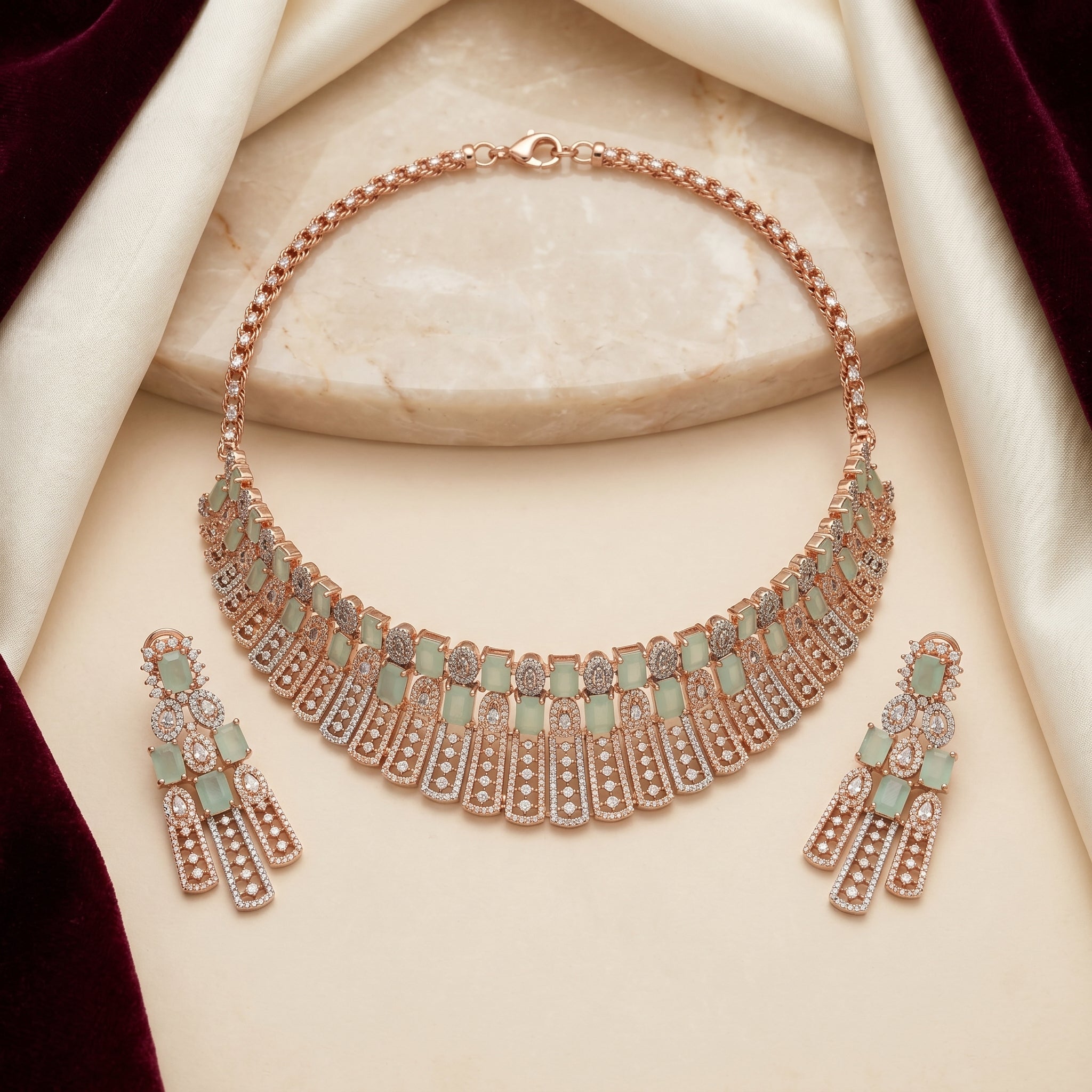 Rose Gold Mint Deco Bib Necklace Set