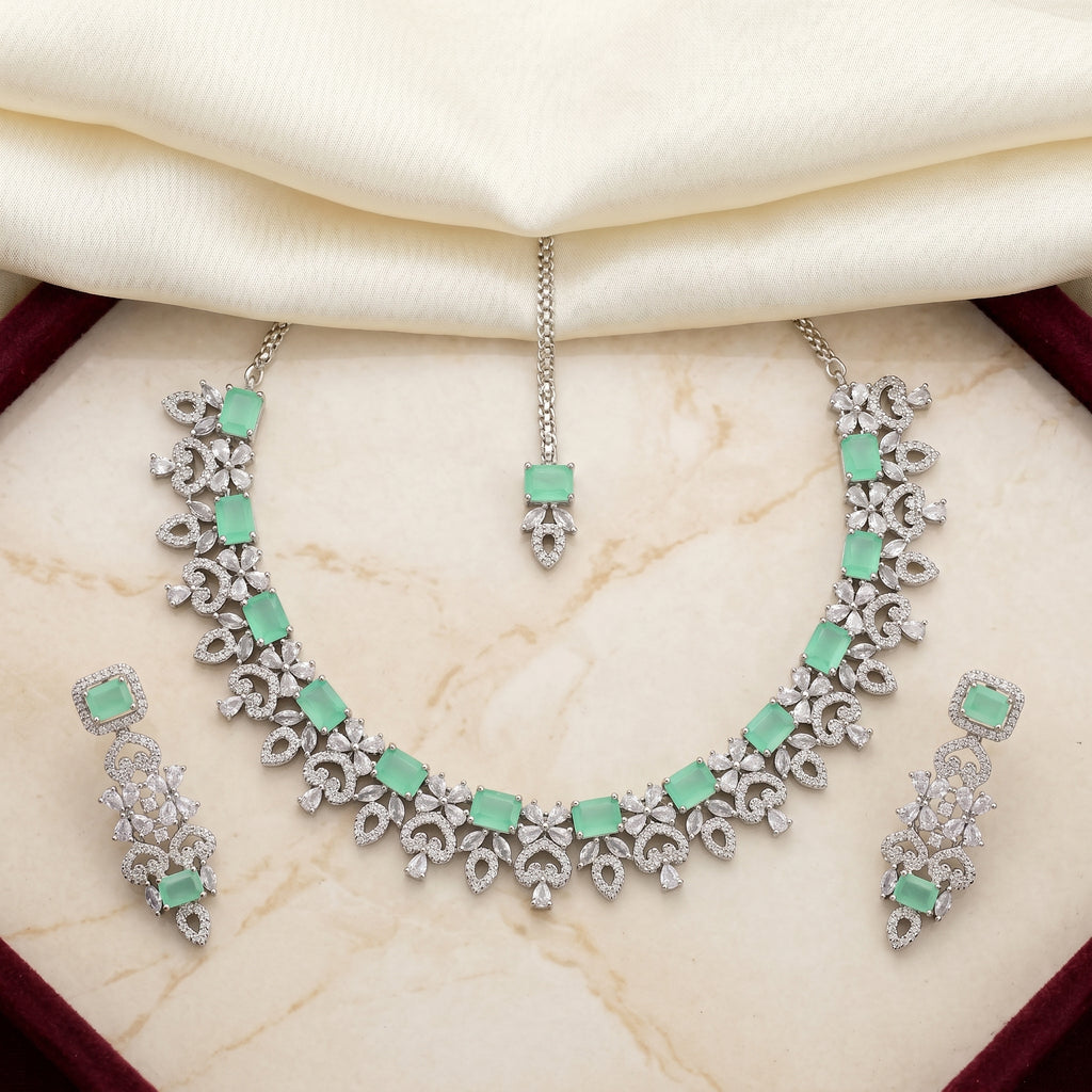 Mint Paisley Floral Statement Necklace Set