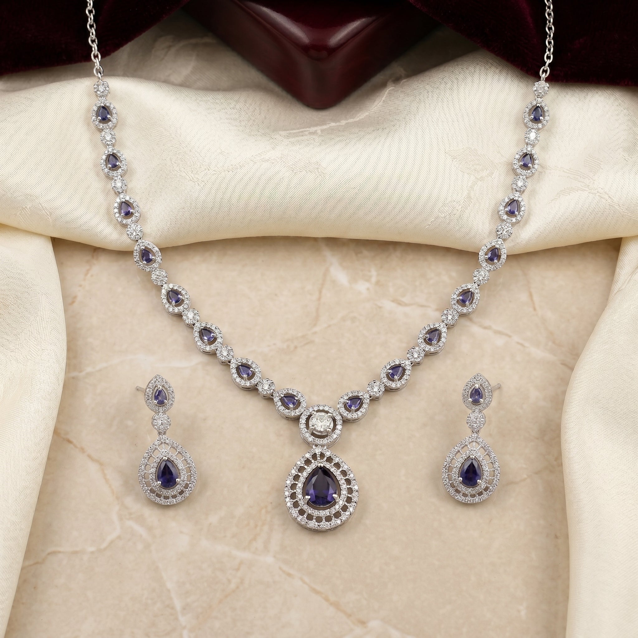 Sapphire Drop Halo Necklace Set