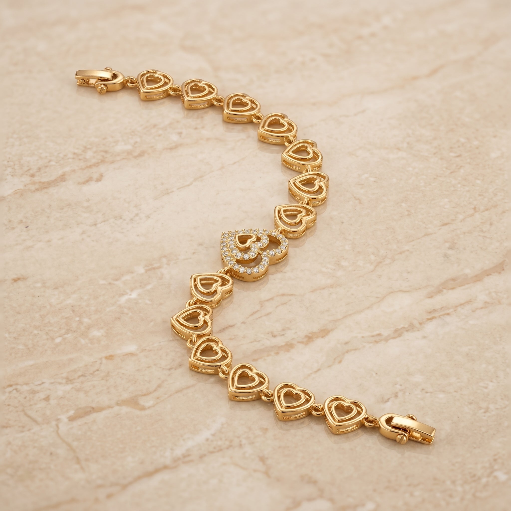 Gold Pavé Double Heart Link Bracelet