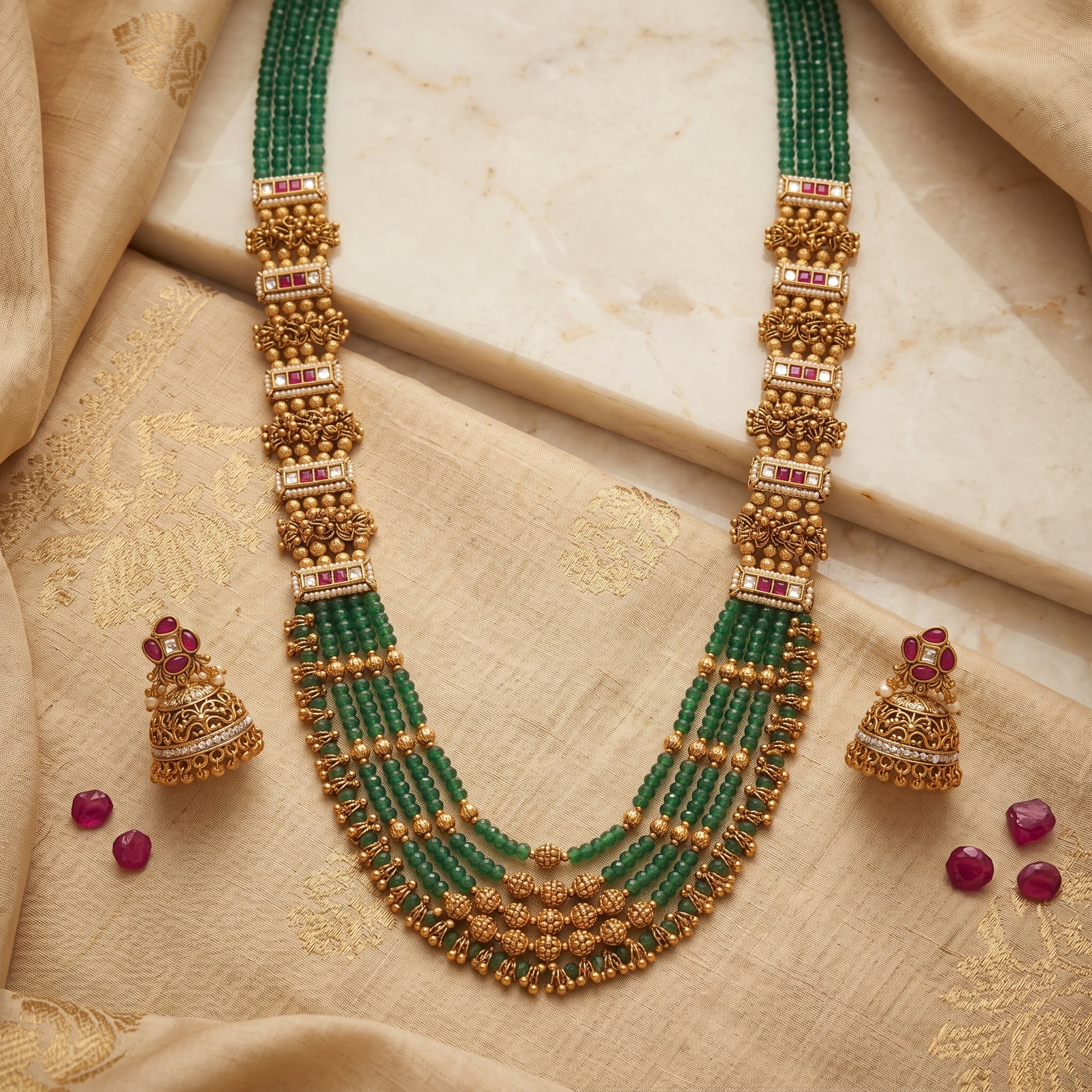 Emerald Bead Kundan Panel Haram Set