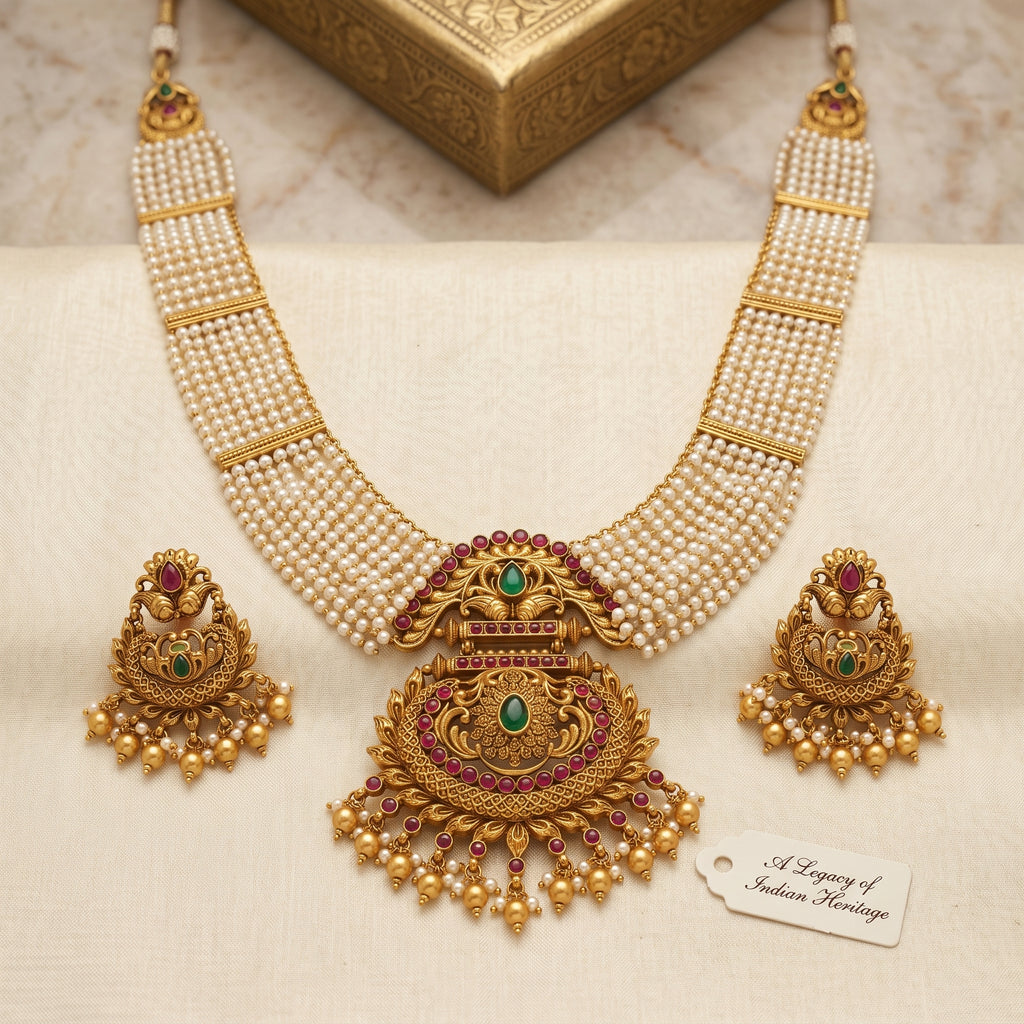 Pearl Cascade Antique Gold Medallion Set
