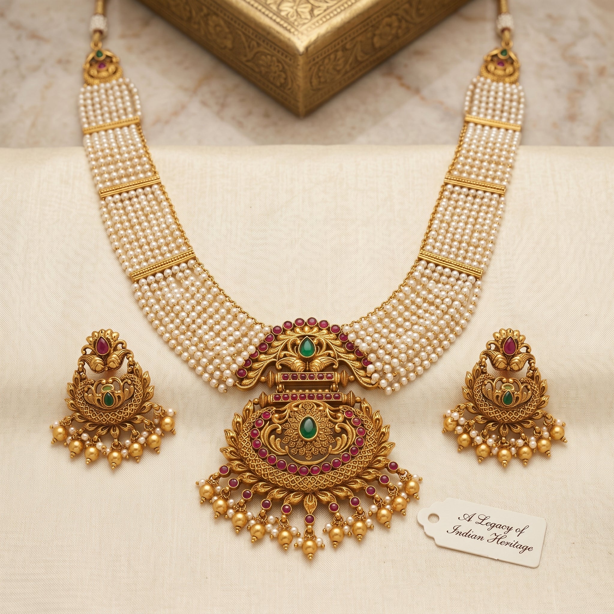 Pearl Cascade Antique Gold Medallion Set