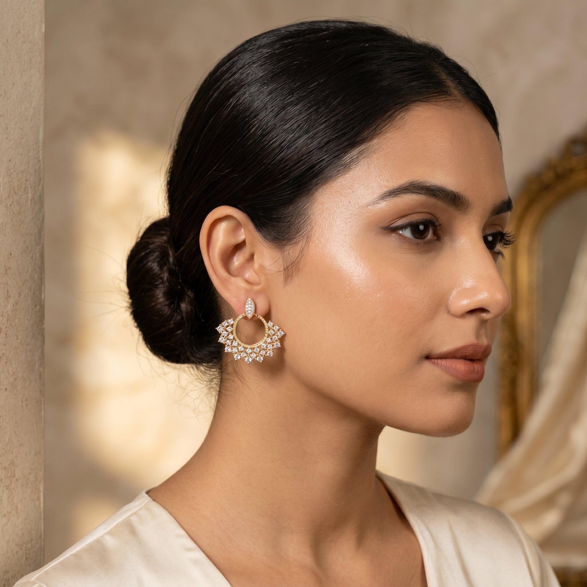 American Diamond Crescent Fan Statement Earrings