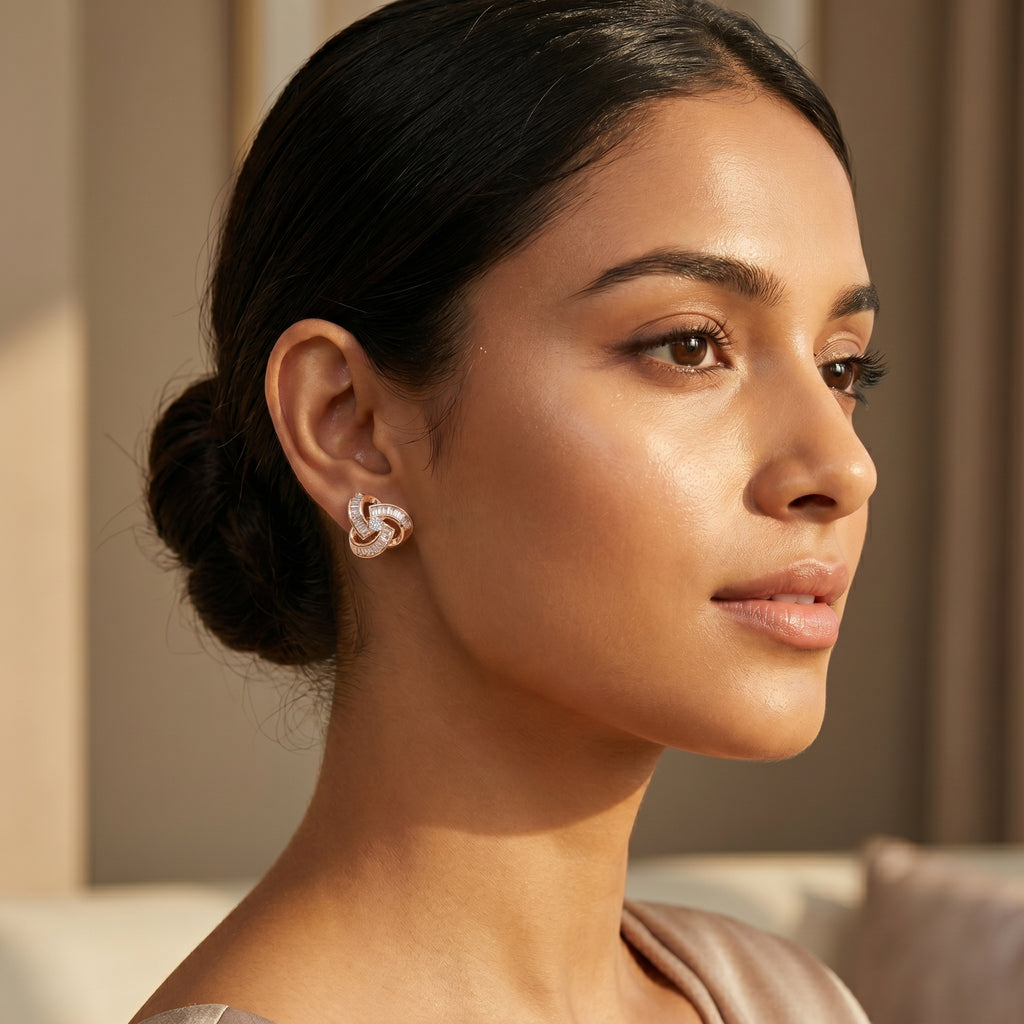 Rose Gold Trinity Knot Baguette CZ Stud Earrings