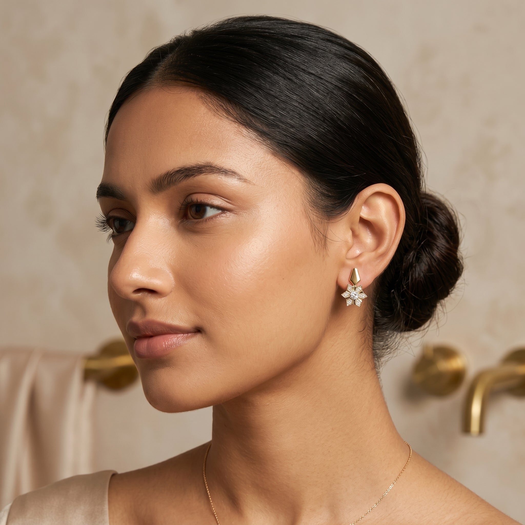 Gold Star Flower Drop Earrings with American Diamond Centre