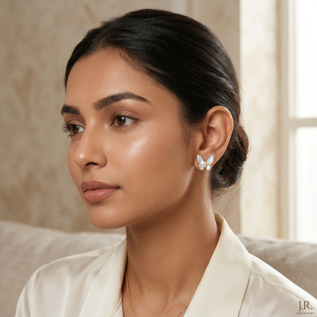Gold Butterfly Stud Earrings with Mother of Pearl & Marquise CZ Centre