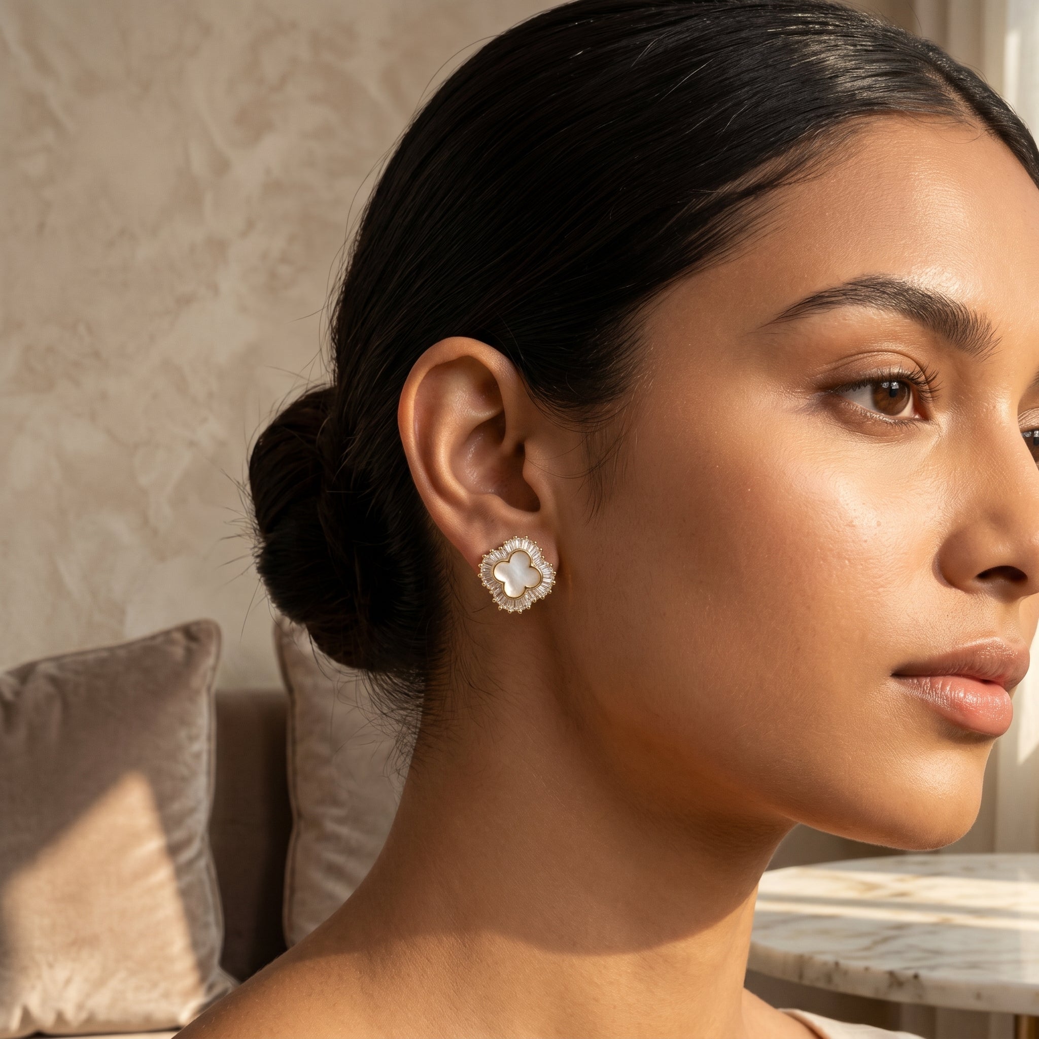 Gold Clover Mother of Pearl Baguette CZ Halo Stud Earrings