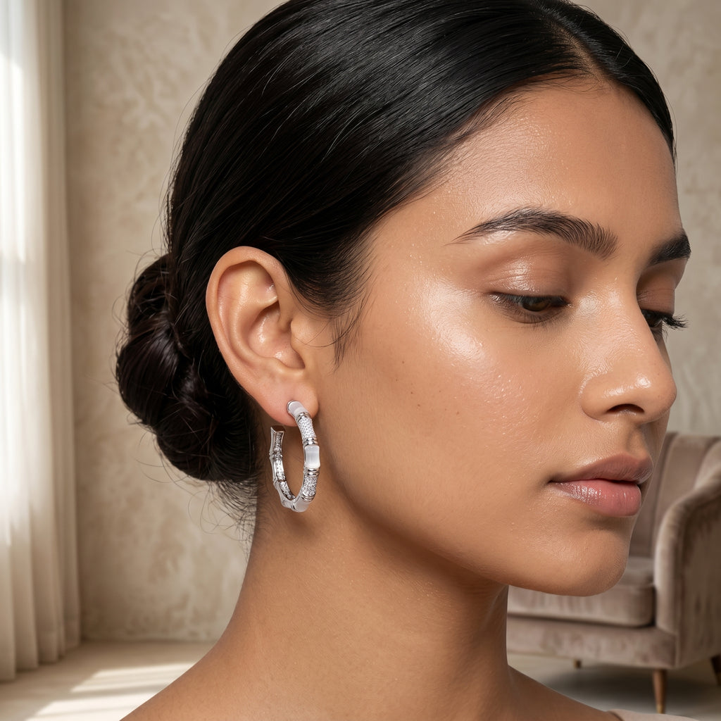 Silver Bamboo Hoop Earrings with White Enamel & Pavé CZ