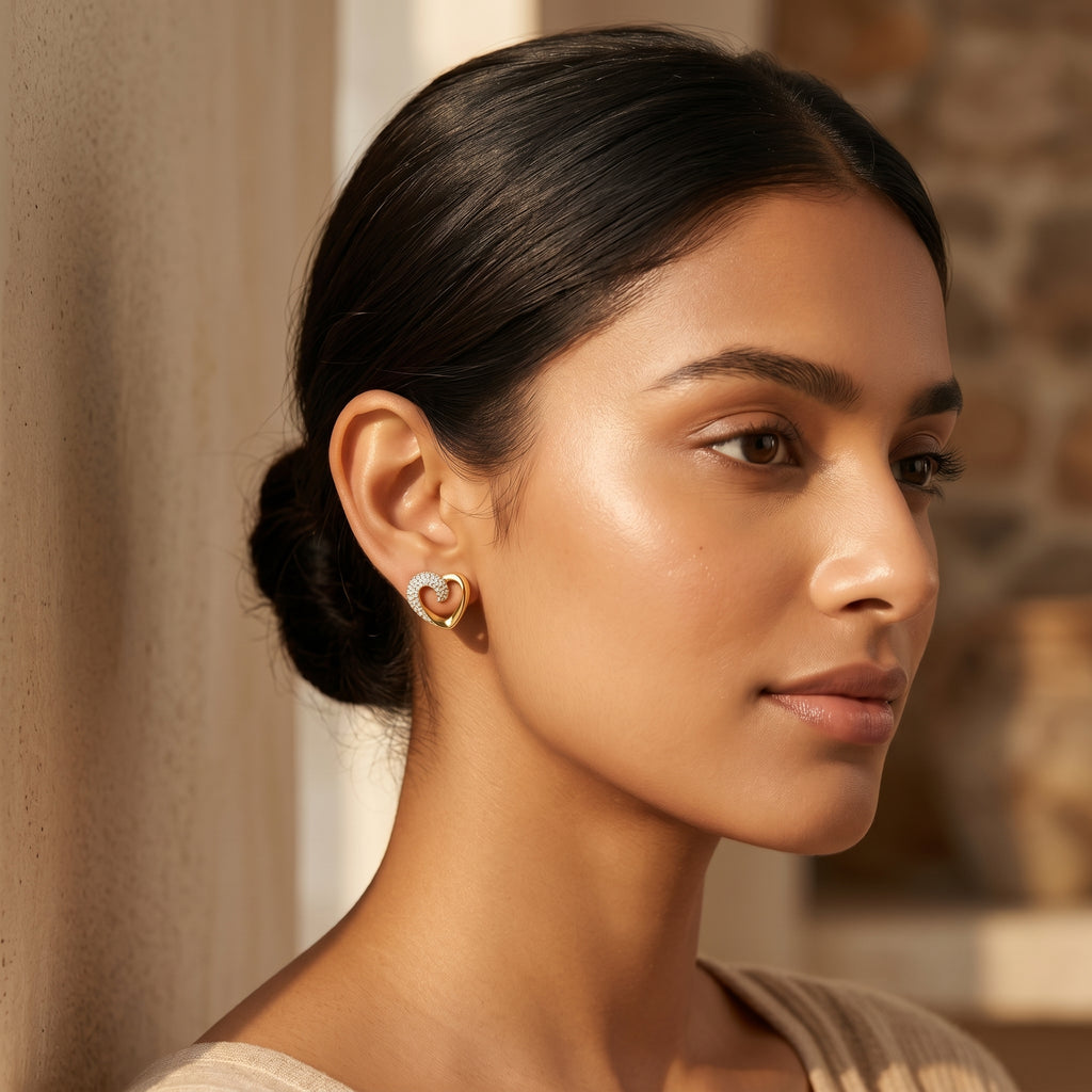Gold Open Heart Half Pavé CZ Swirl Stud Earrings