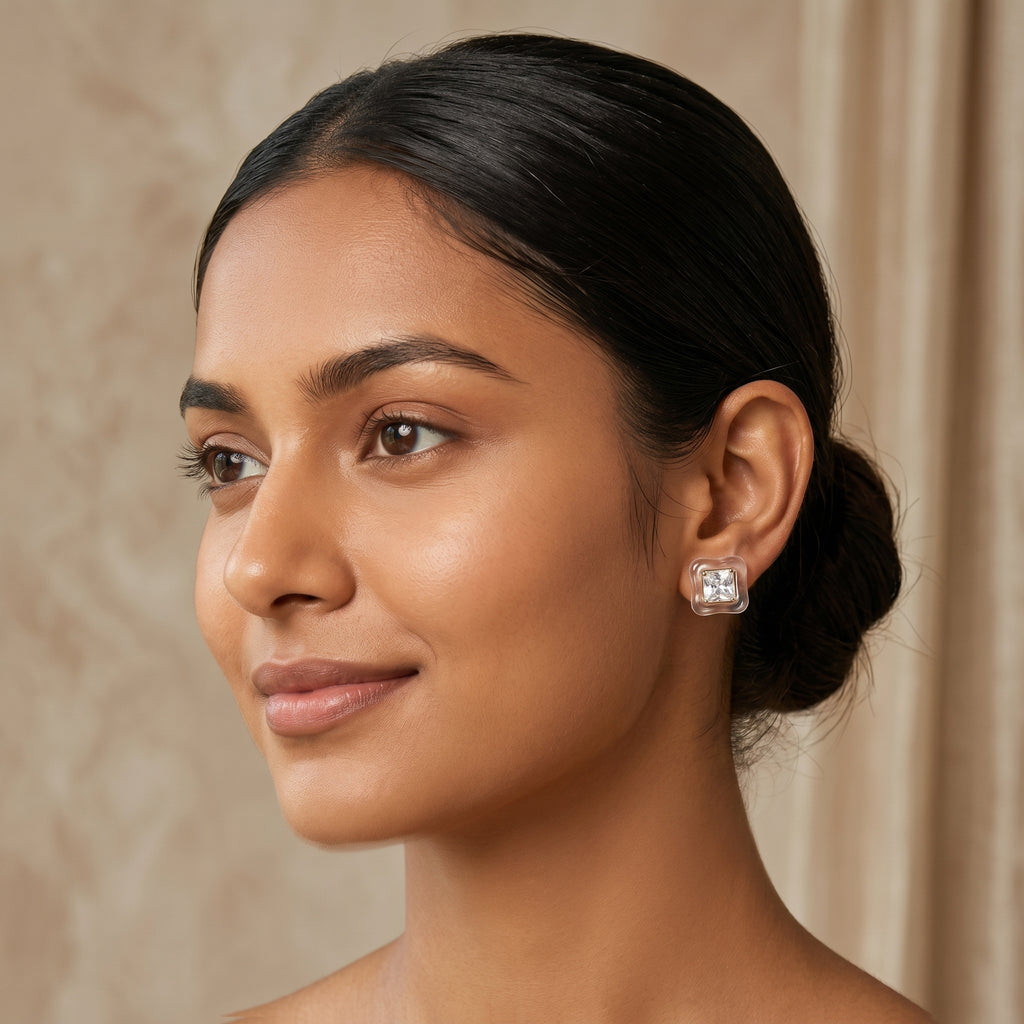 Clear Acrylic Frame Princess Cut CZ Gold Solitaire Stud Earrings