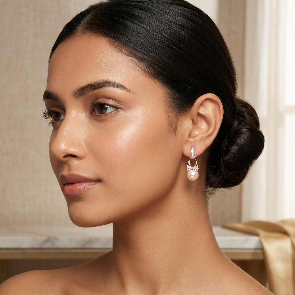 Rose Gold Pearl Drop Earrings with CZ Bow & Oval Link