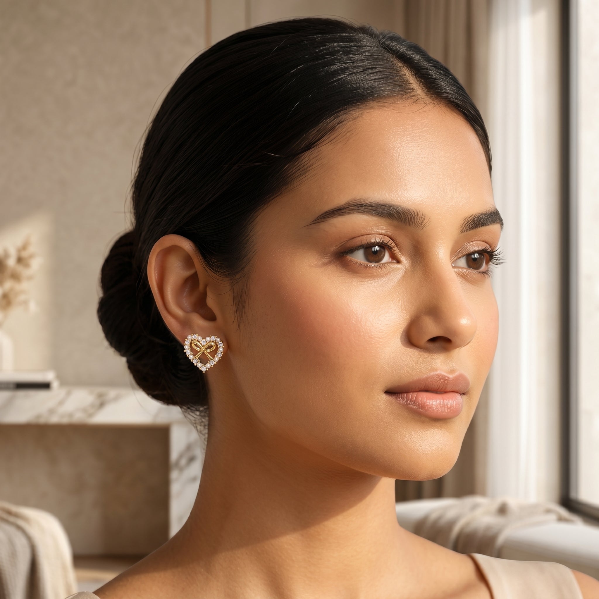 Gold Open Heart Pearl & CZ Bow Stud Earrings