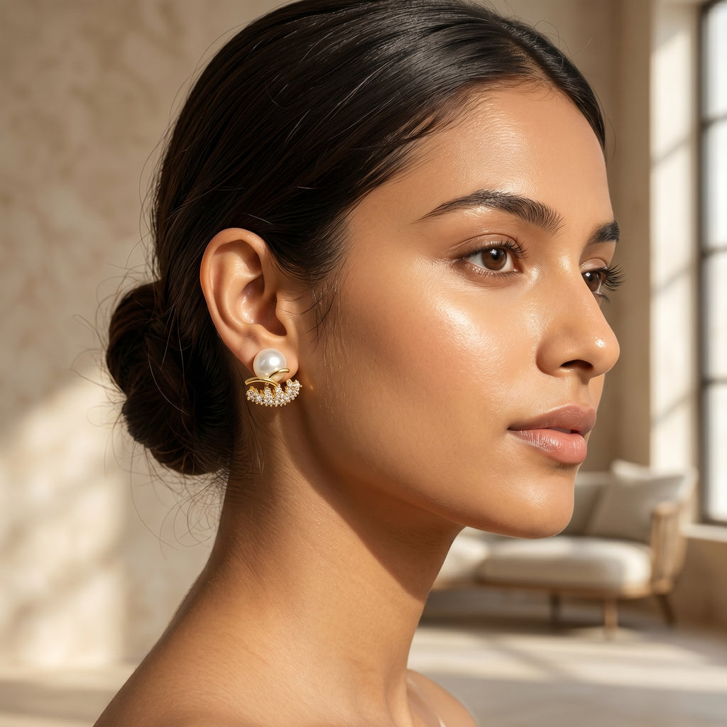 Gold Pearl Crown AD Studs