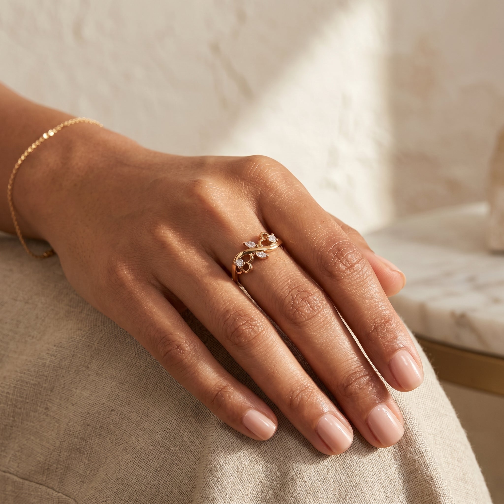 Rose Gold Vine Ring with Mixed Cut American Diamond Stones