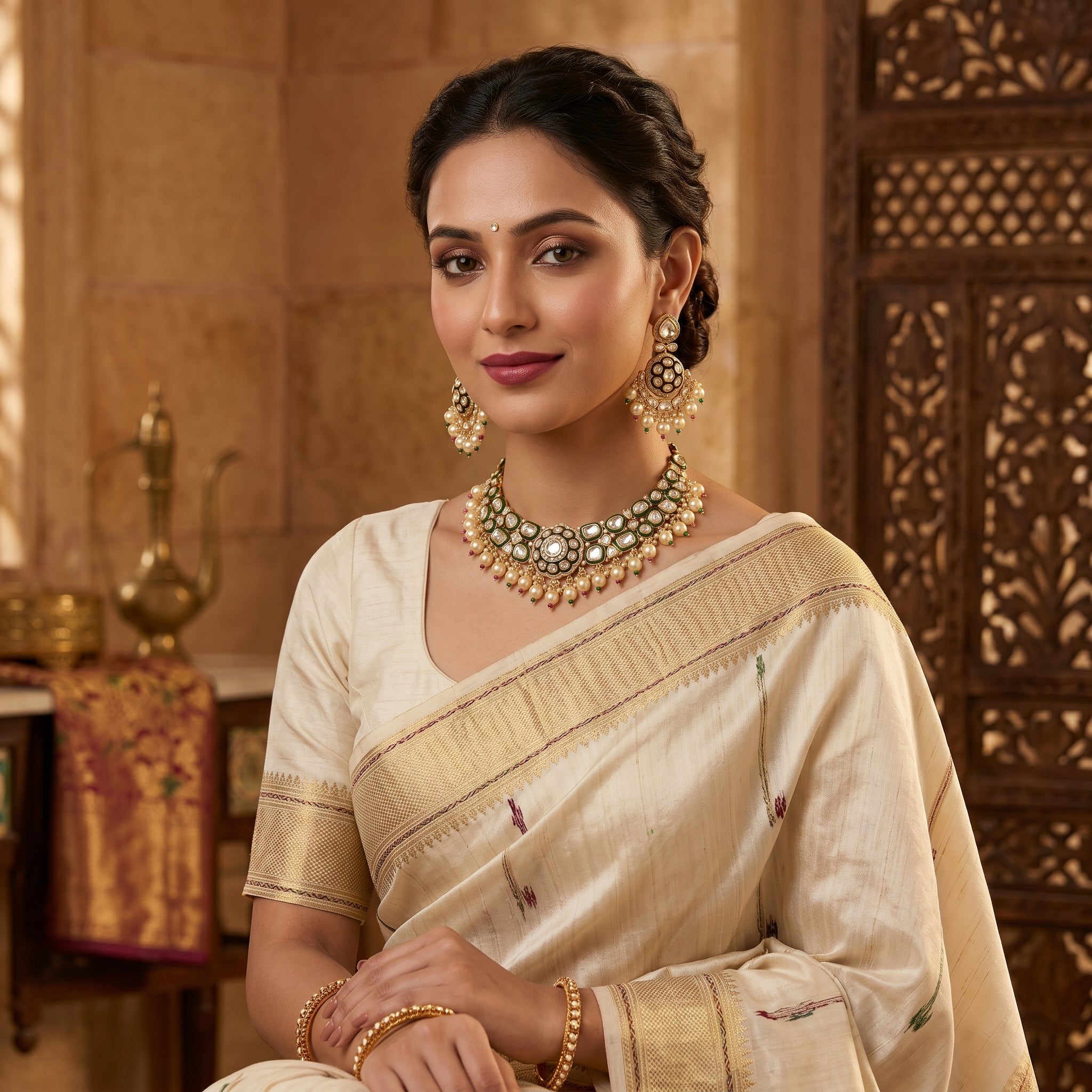 Kundan Meena Pearl Fringe Choker Necklace Set