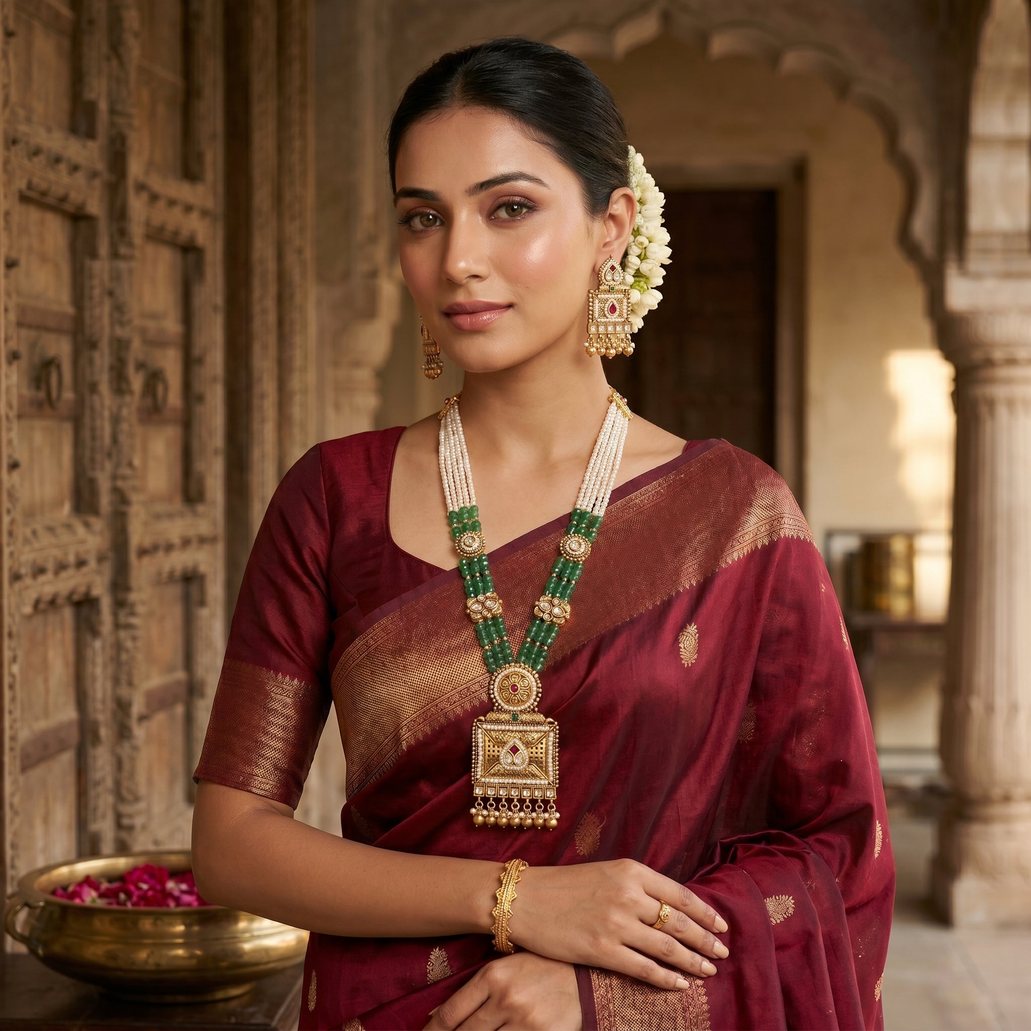 Pearl Green Bead Kundan Square Pendant Haar Set