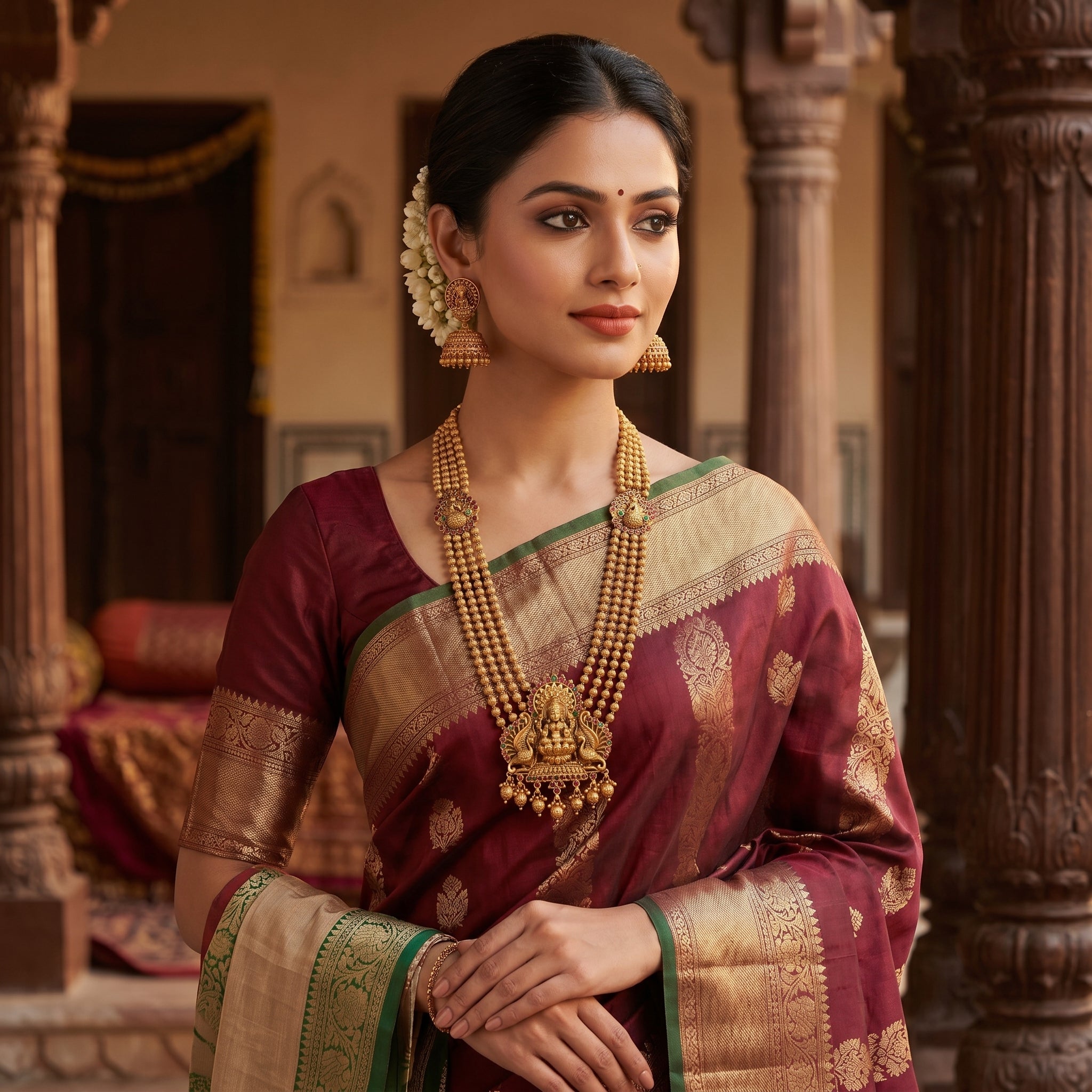 Gold Antique Goddess Lakshmi Multi-Strand Haram Set