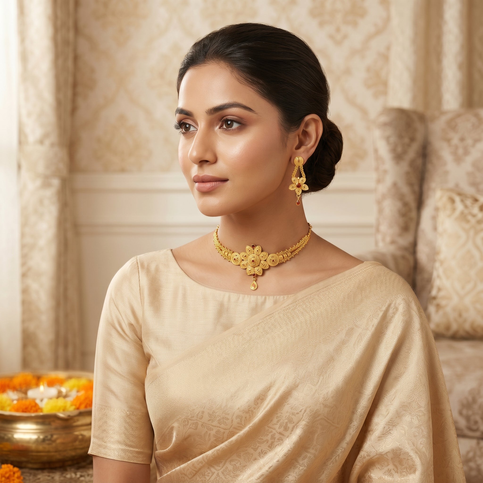 Gold Granular Choker Floral Ruby Pendant Set