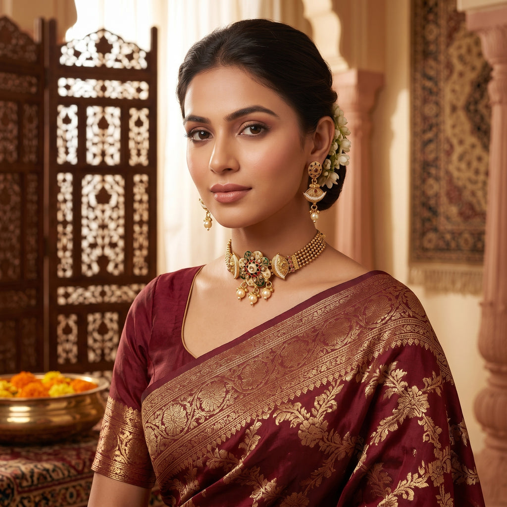 Gold Kundan Meenakari Floral Choker Pearl Drop Set