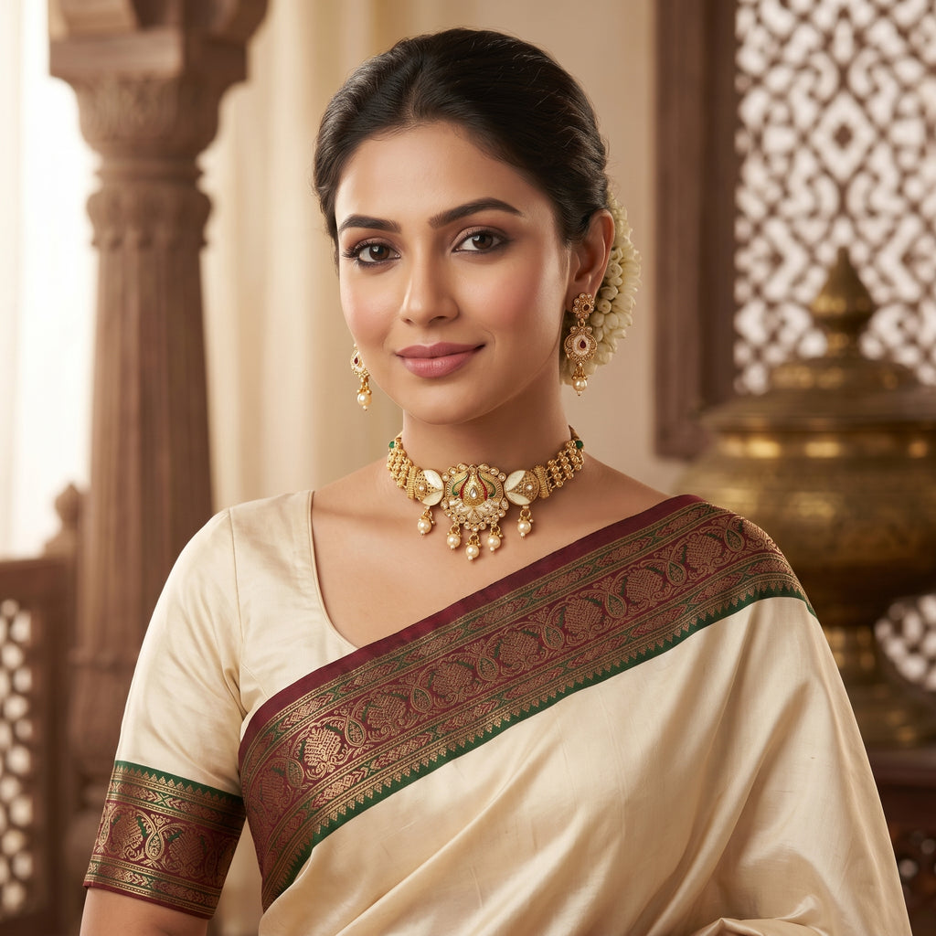 Gold Kundan Peacock Ivory Enamel Choker Set