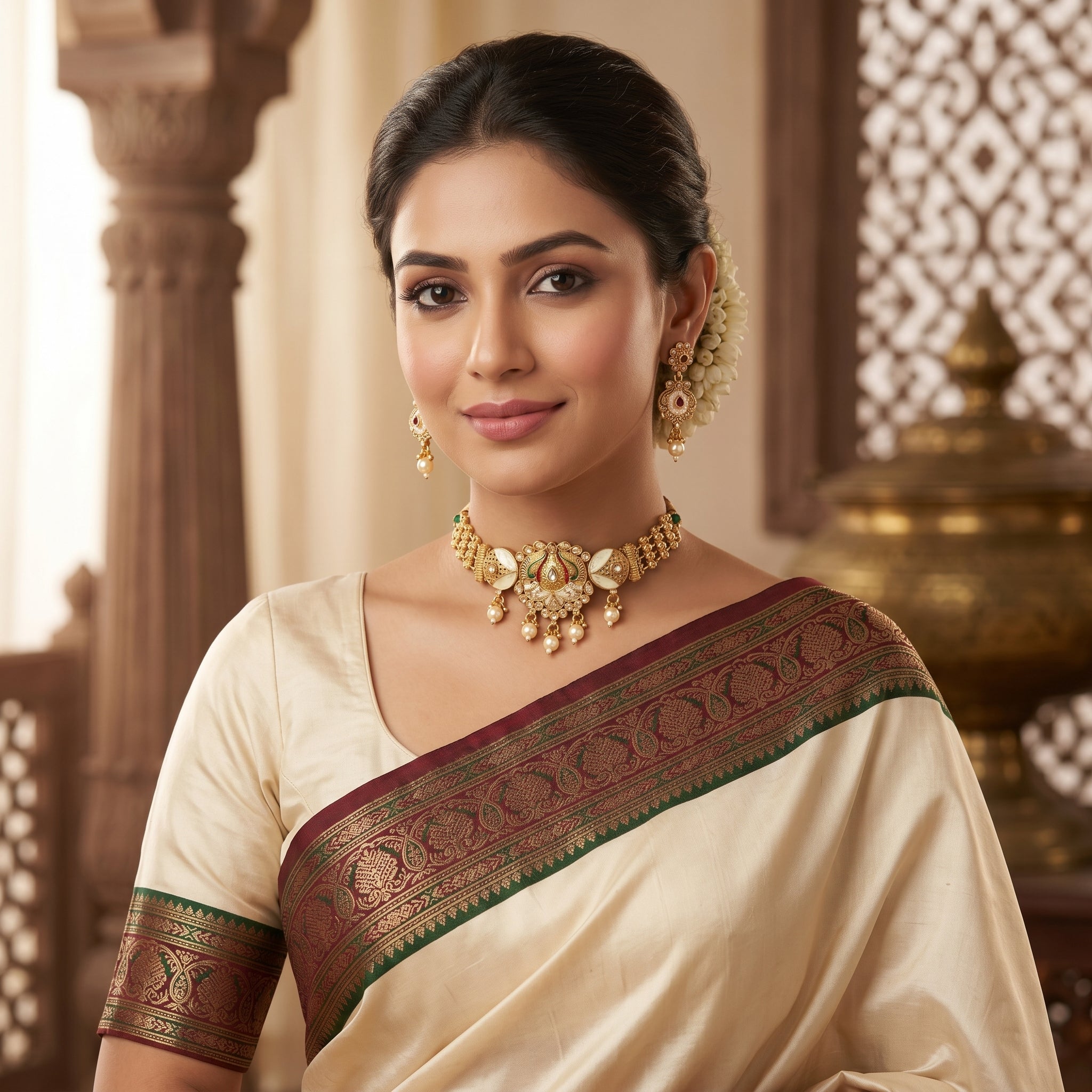 Gold Kundan Peacock Ivory Enamel Choker Set