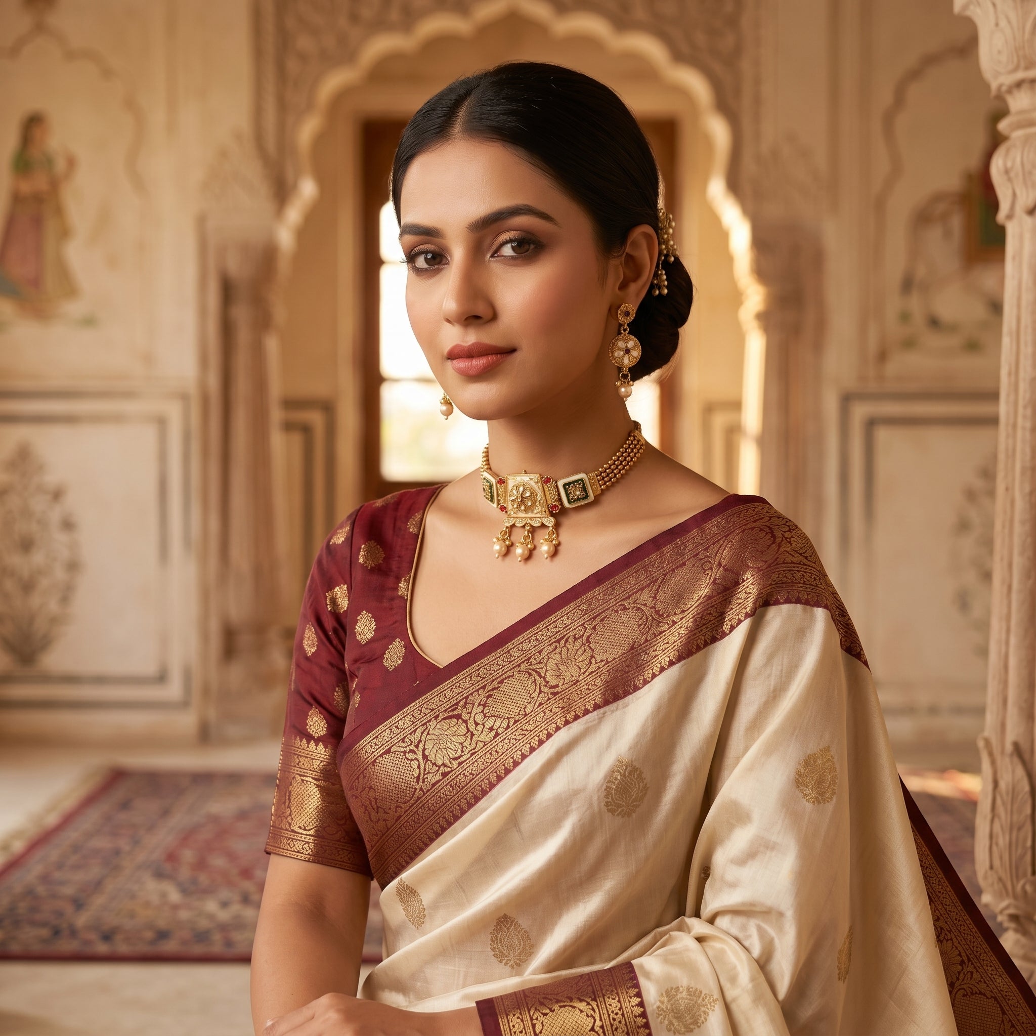Gold Kundan Ivory Green Enamel Square Panel Choker Set
