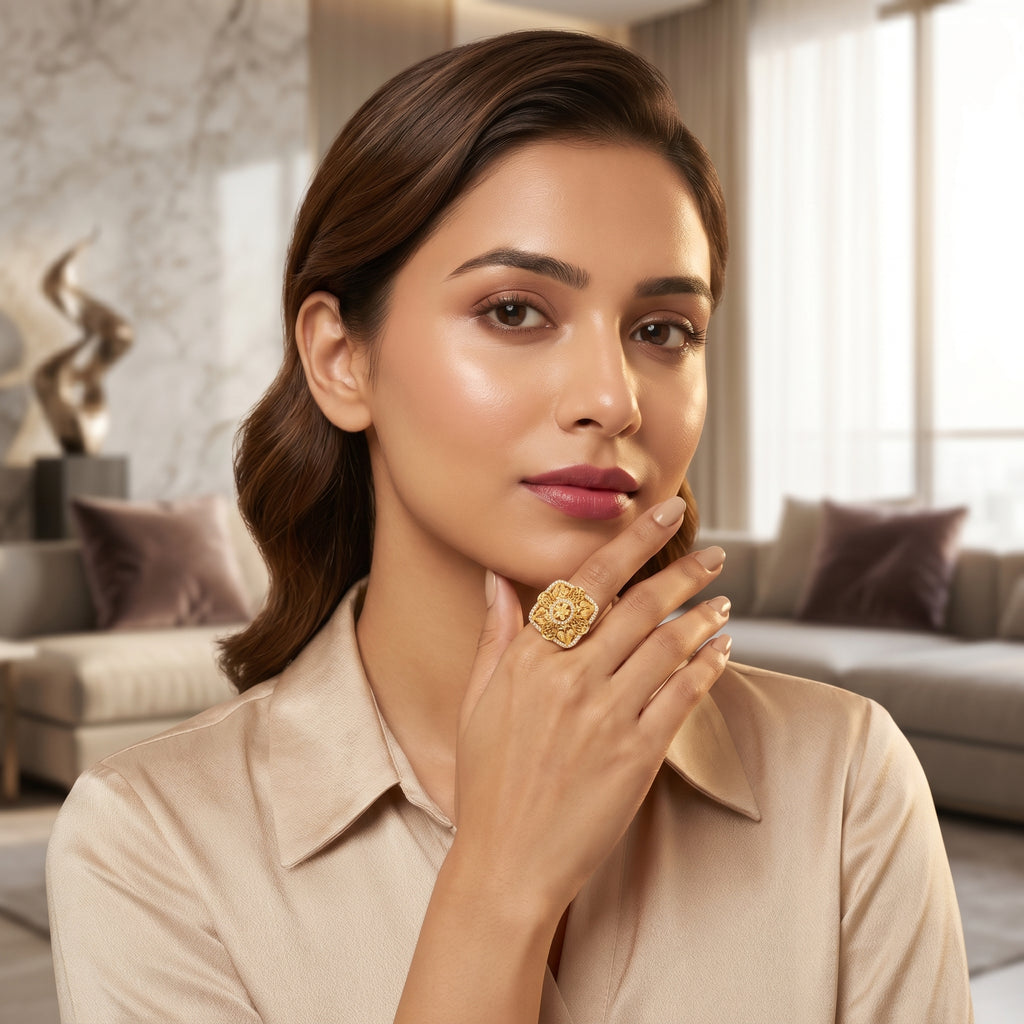 Gold Filigree Square CZ Cocktail Ring