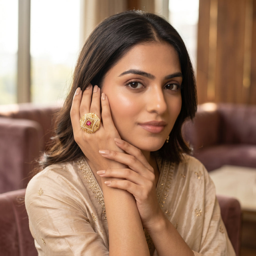 Gold Ruby Princess CZ Scroll Cocktail Ring