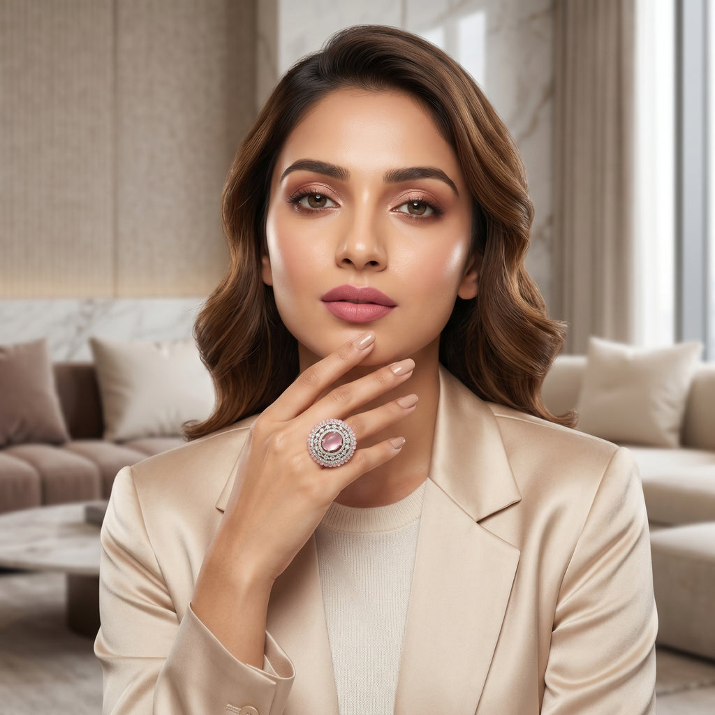 Pink Oval CZ Bead Halo Cocktail Ring