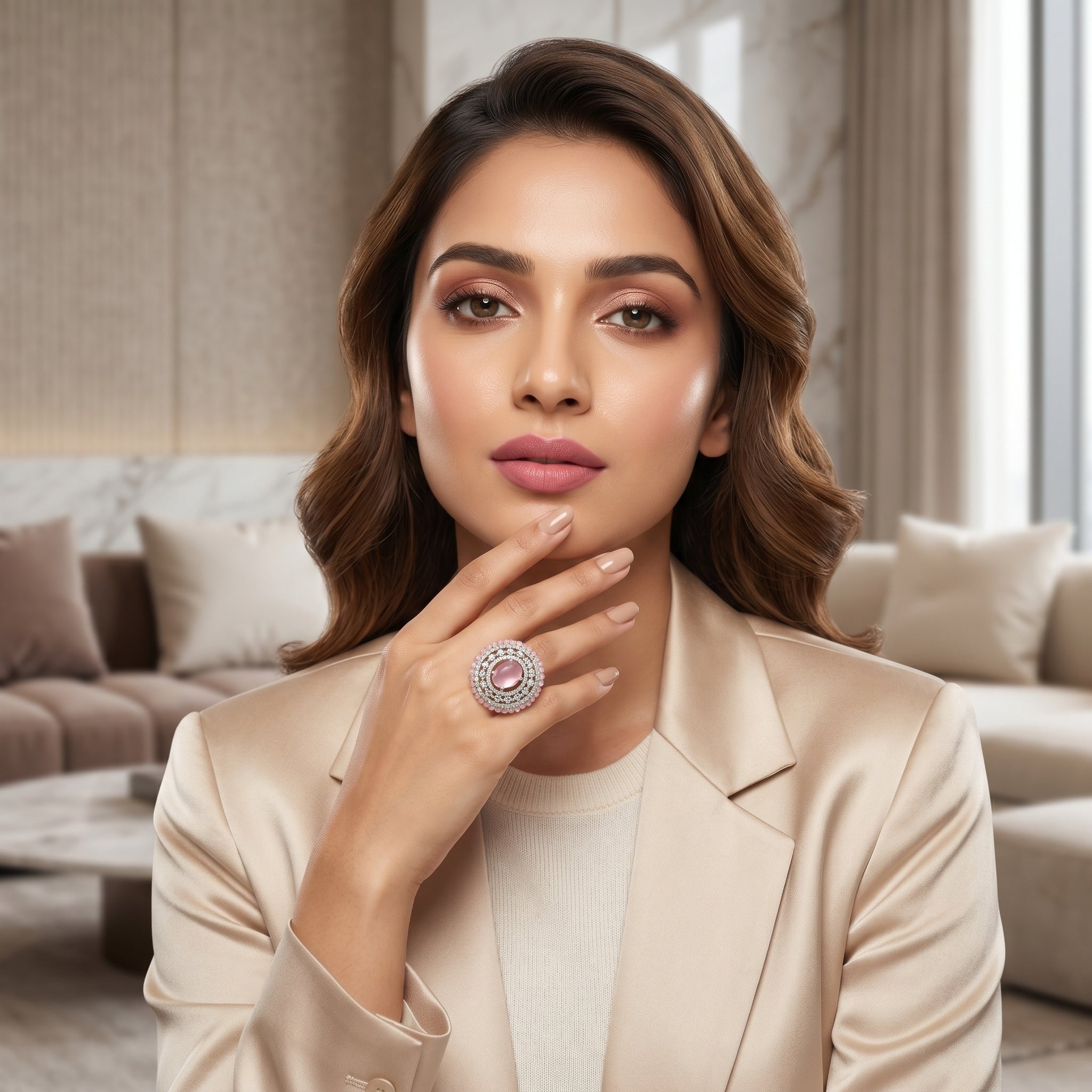Pink Oval CZ Bead Halo Cocktail Ring