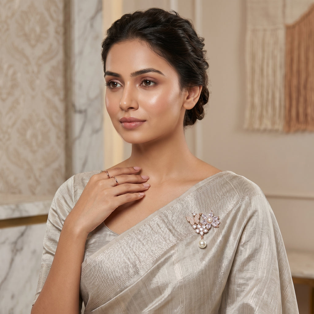 Gold CZ Floral Pearl Drop Brooch