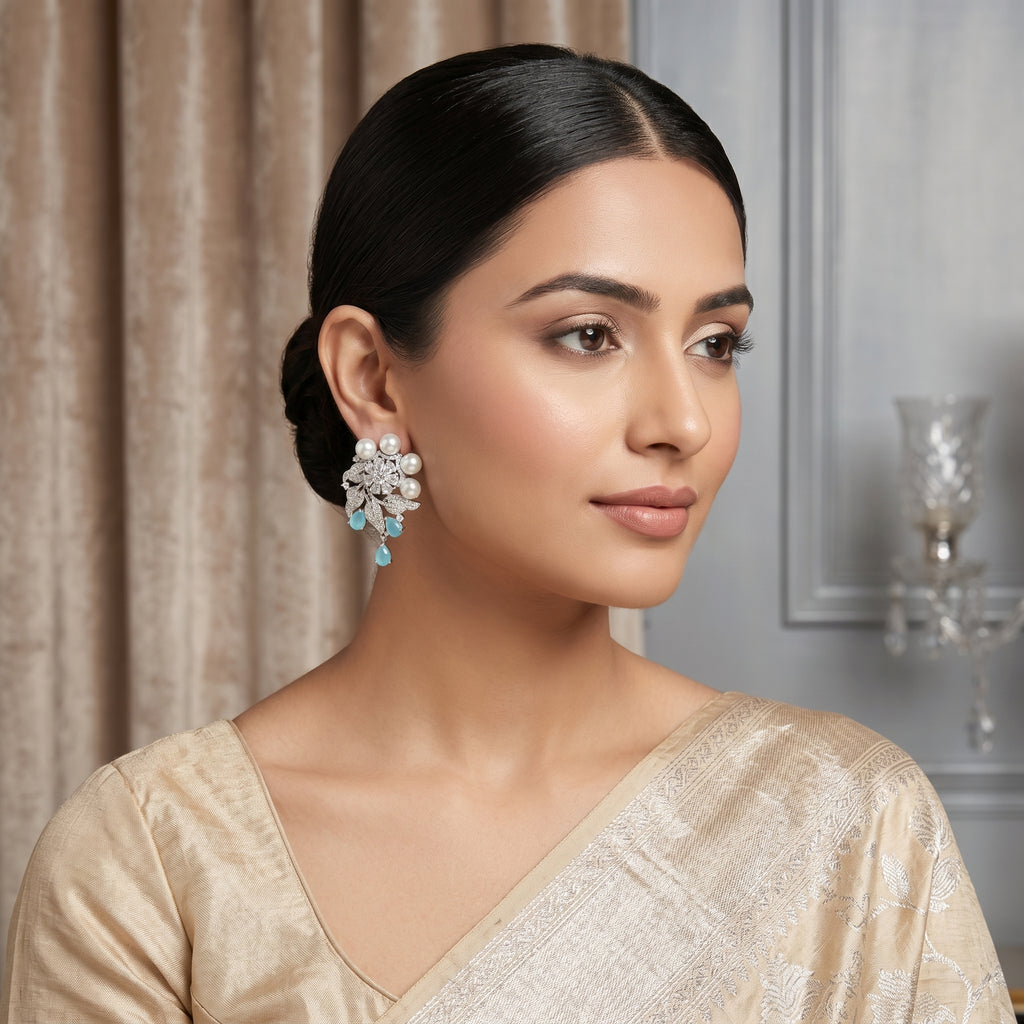 Silver CZ Floral Pearl Turquoise Drop Earrings