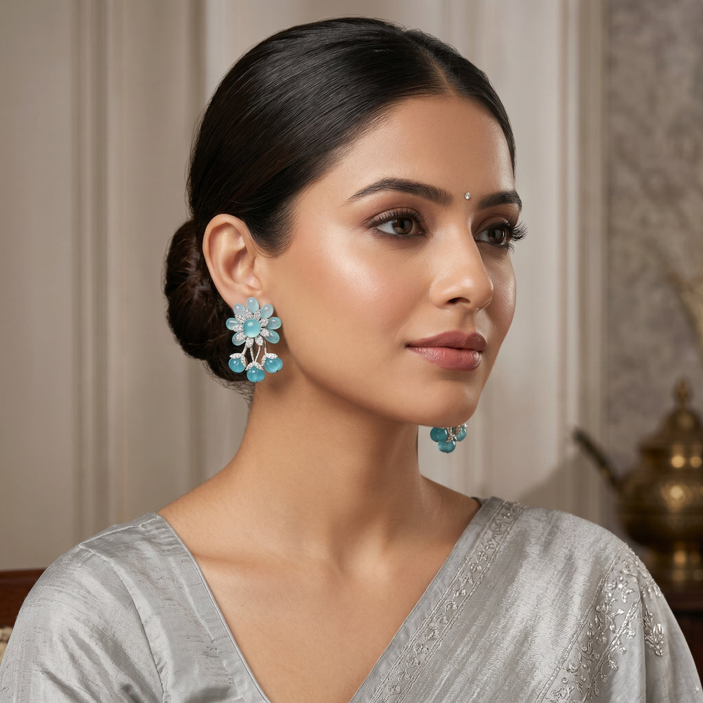 Silver CZ Aqua Floral Bead Drop Earrings