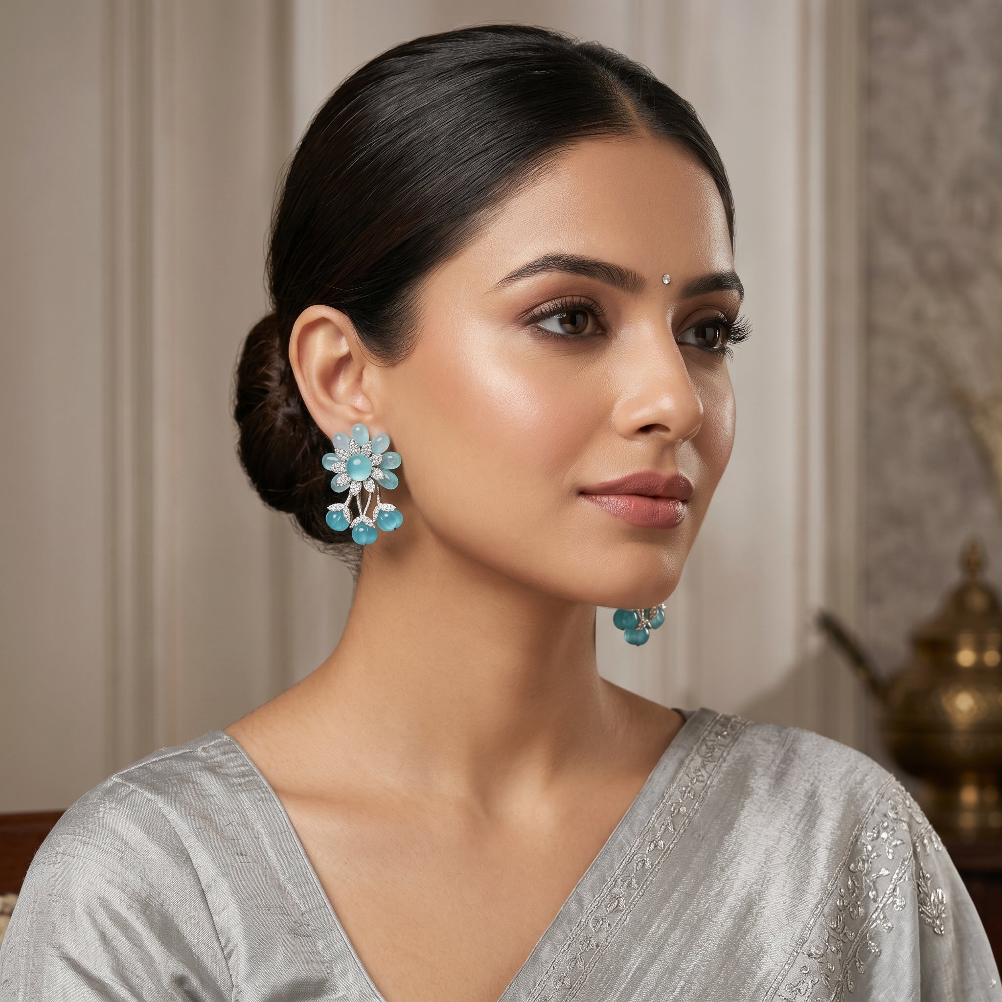 Silver CZ Aqua Floral Bead Drop Earrings