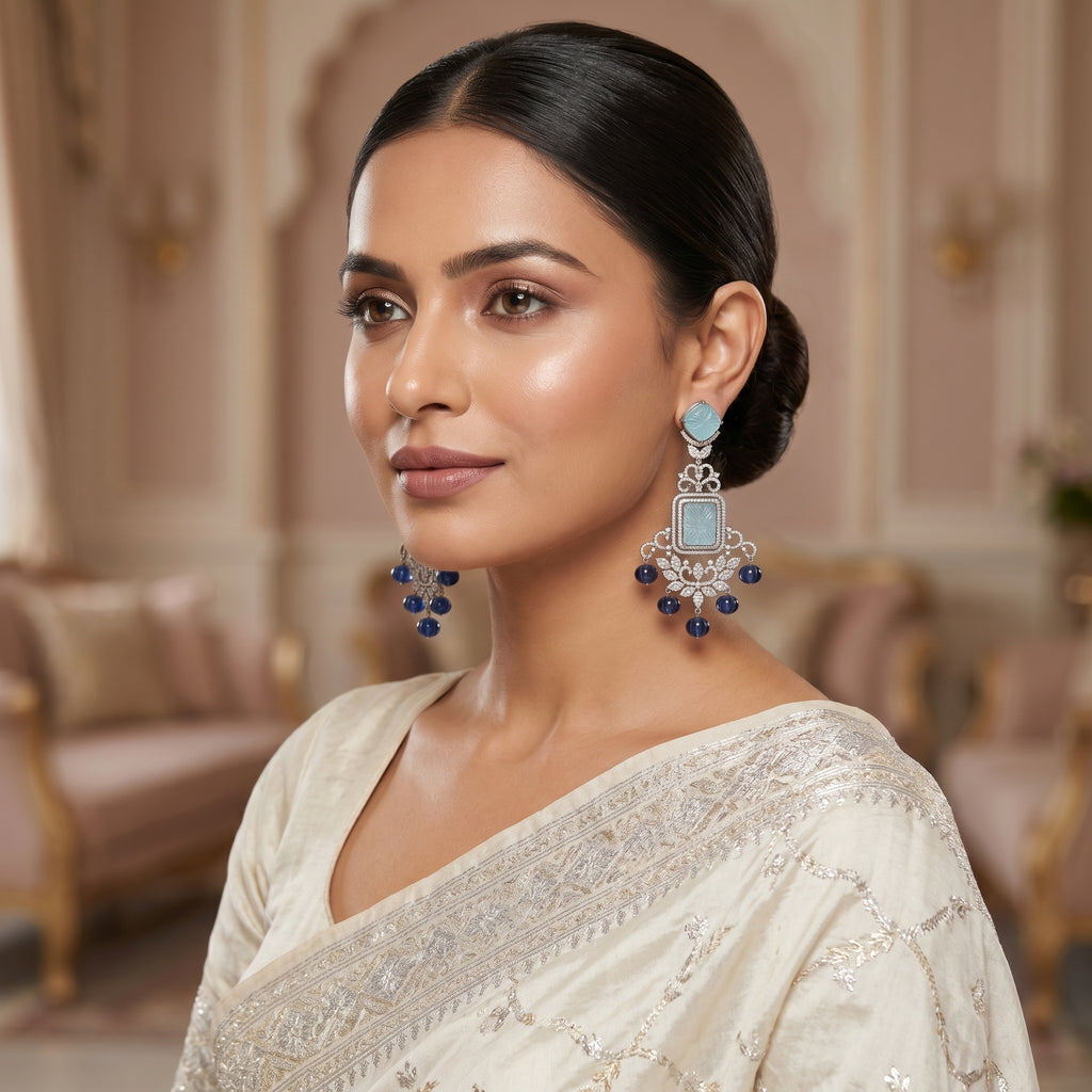 Silver CZ Carved Aqua & Navy Bead Chandelier Earrings