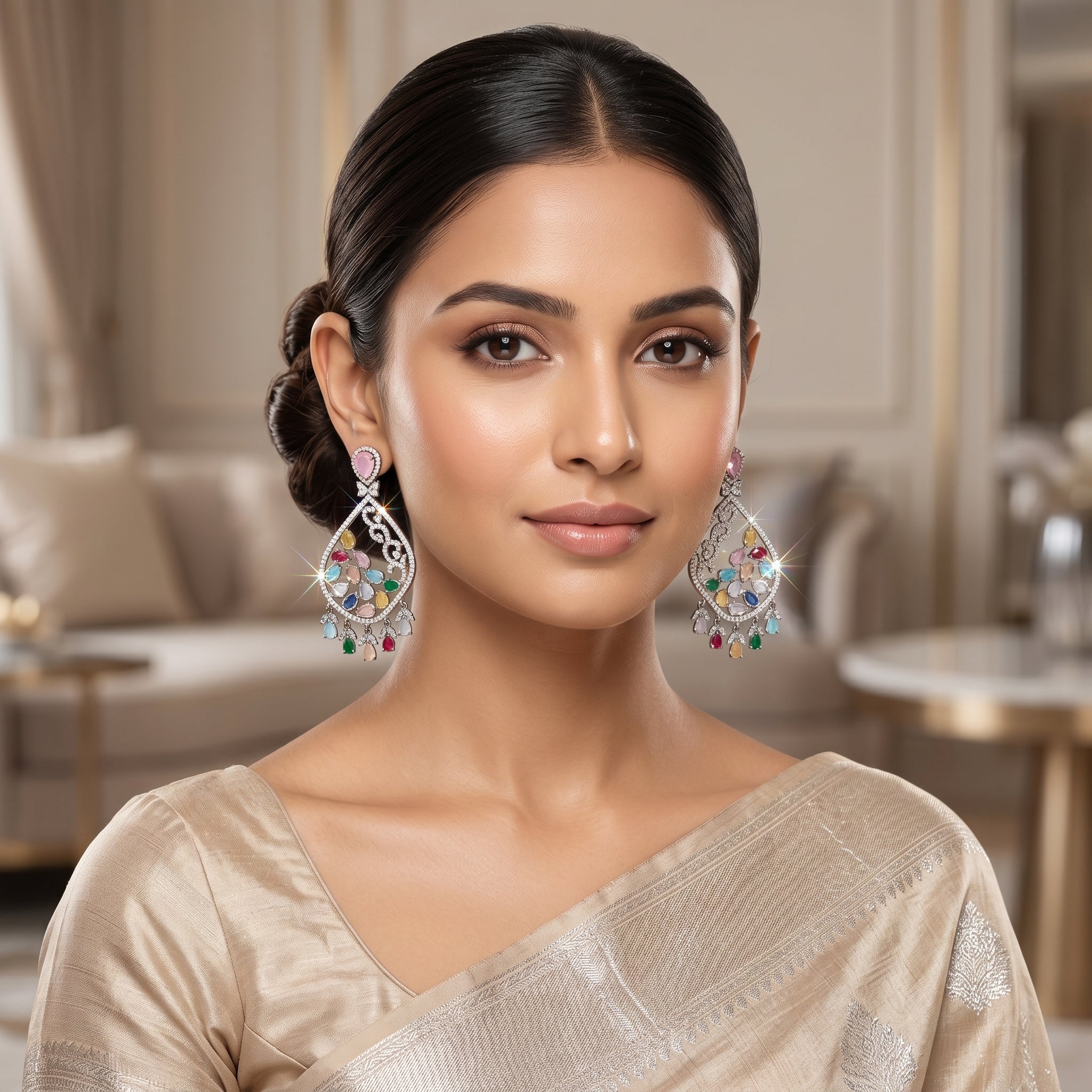 Silver CZ Multicolour Teardrop Filigree Chandelier Earrings
