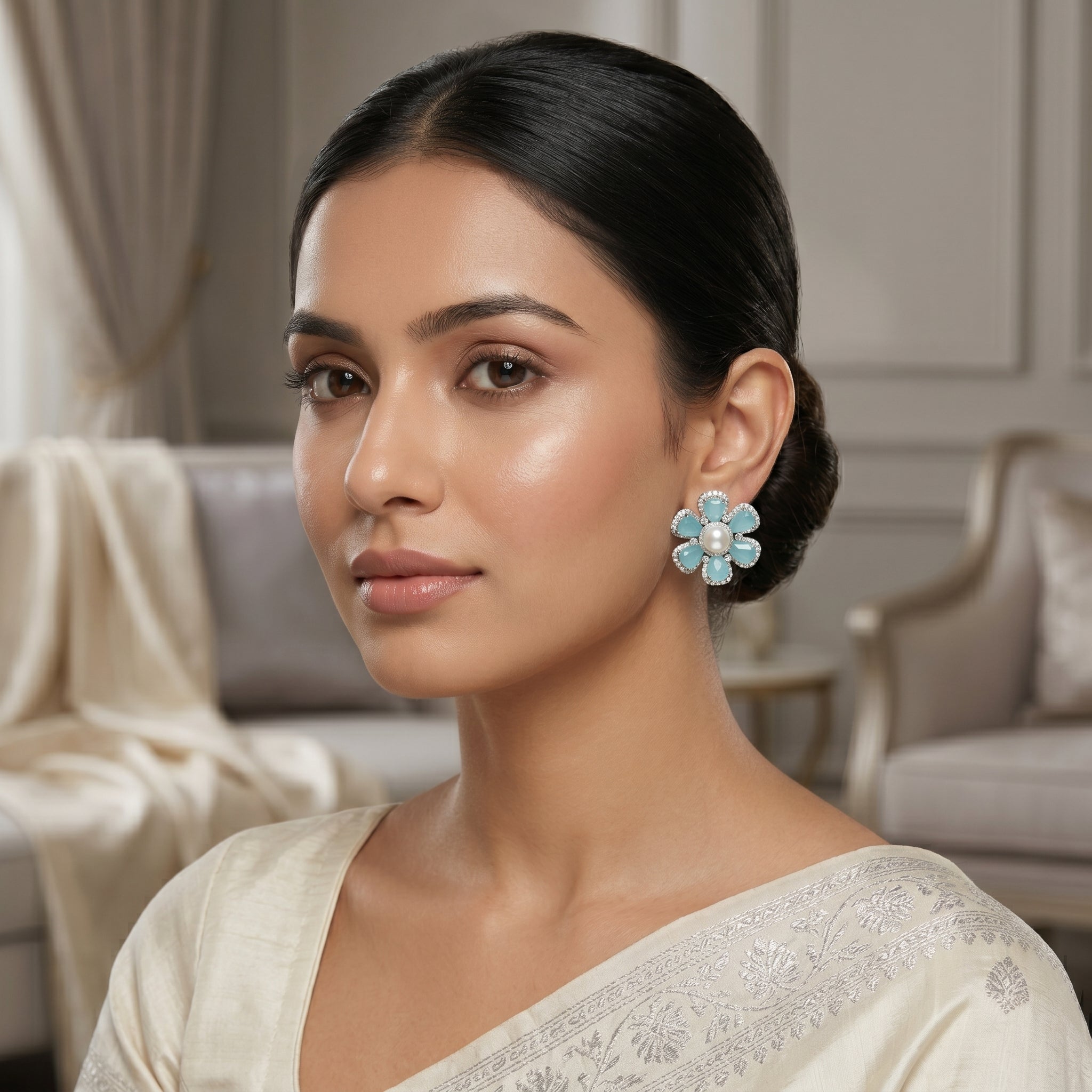 Silver CZ Turquoise Petal Pearl Centre Stud Earrings