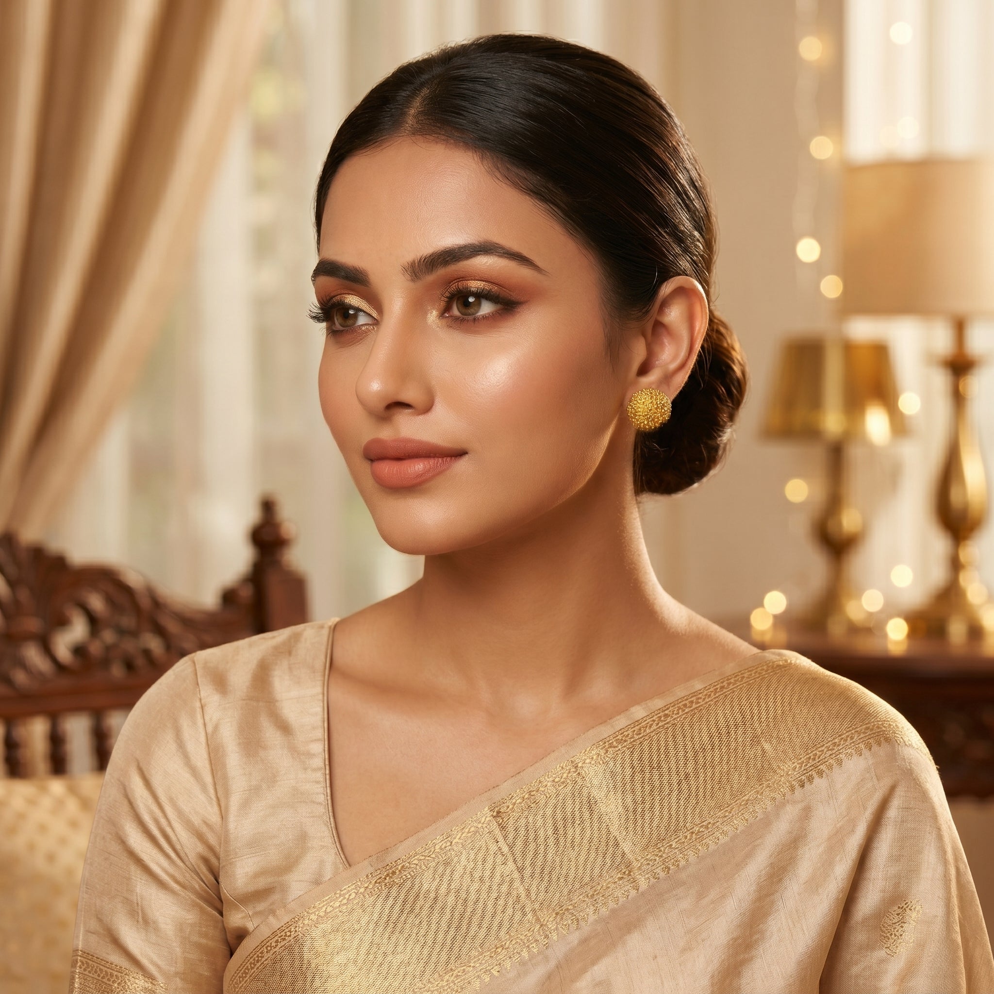 Gold Antique Textured Dome Stud Earrings