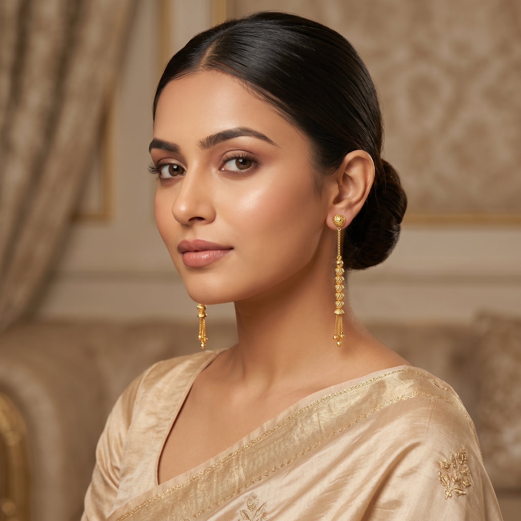Gold Antique Fluted Bead Tassel Drop Earrings