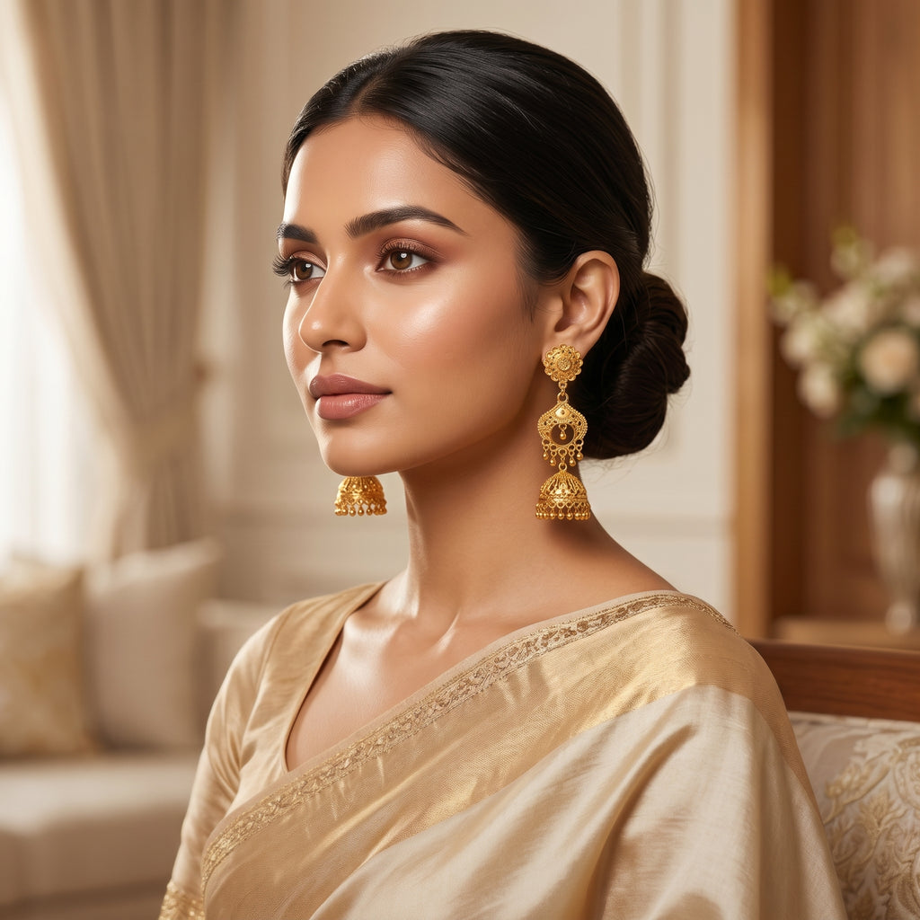 Gold Antique Tiered Filigree Jhumka Earrings