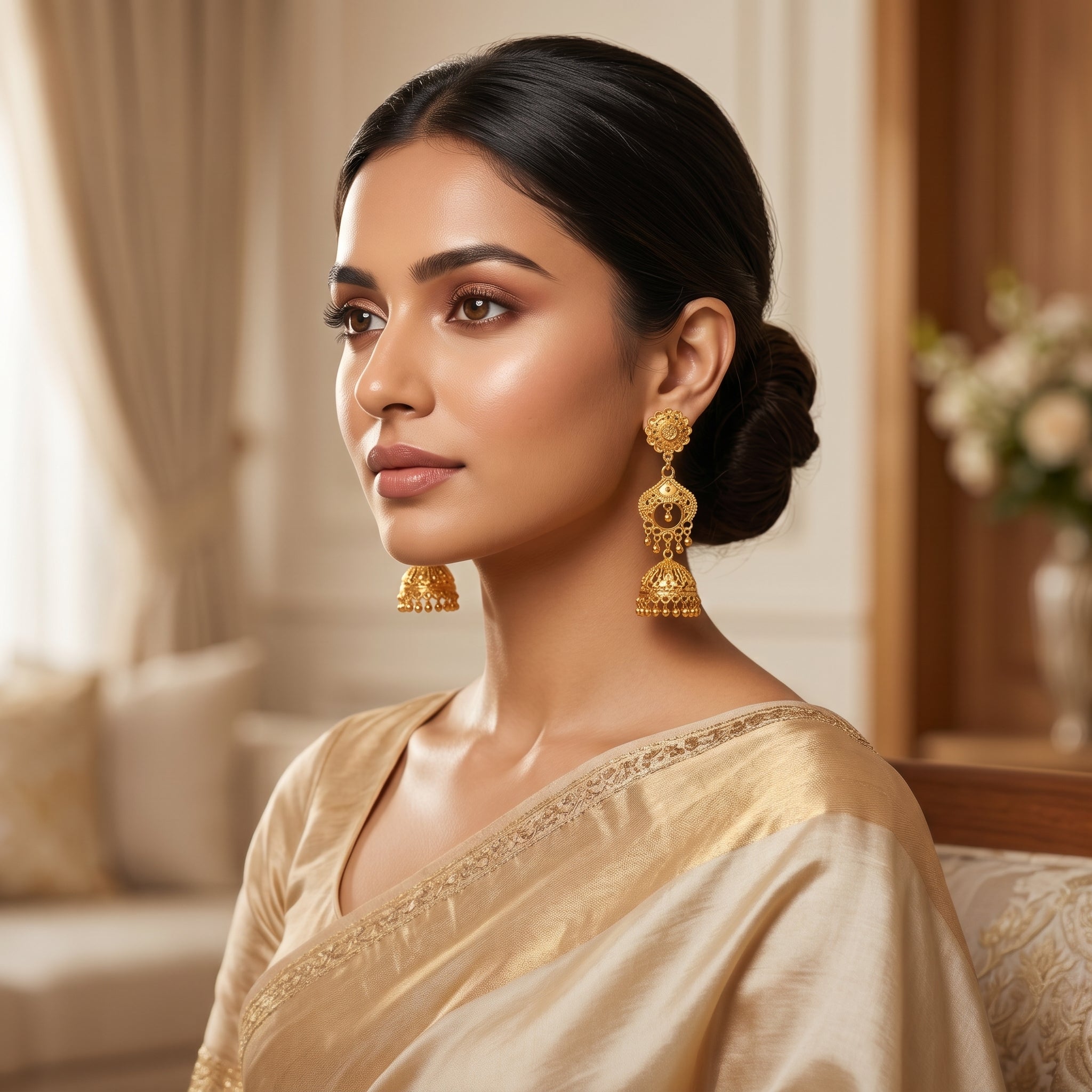 Gold Antique Tiered Filigree Jhumka Earrings