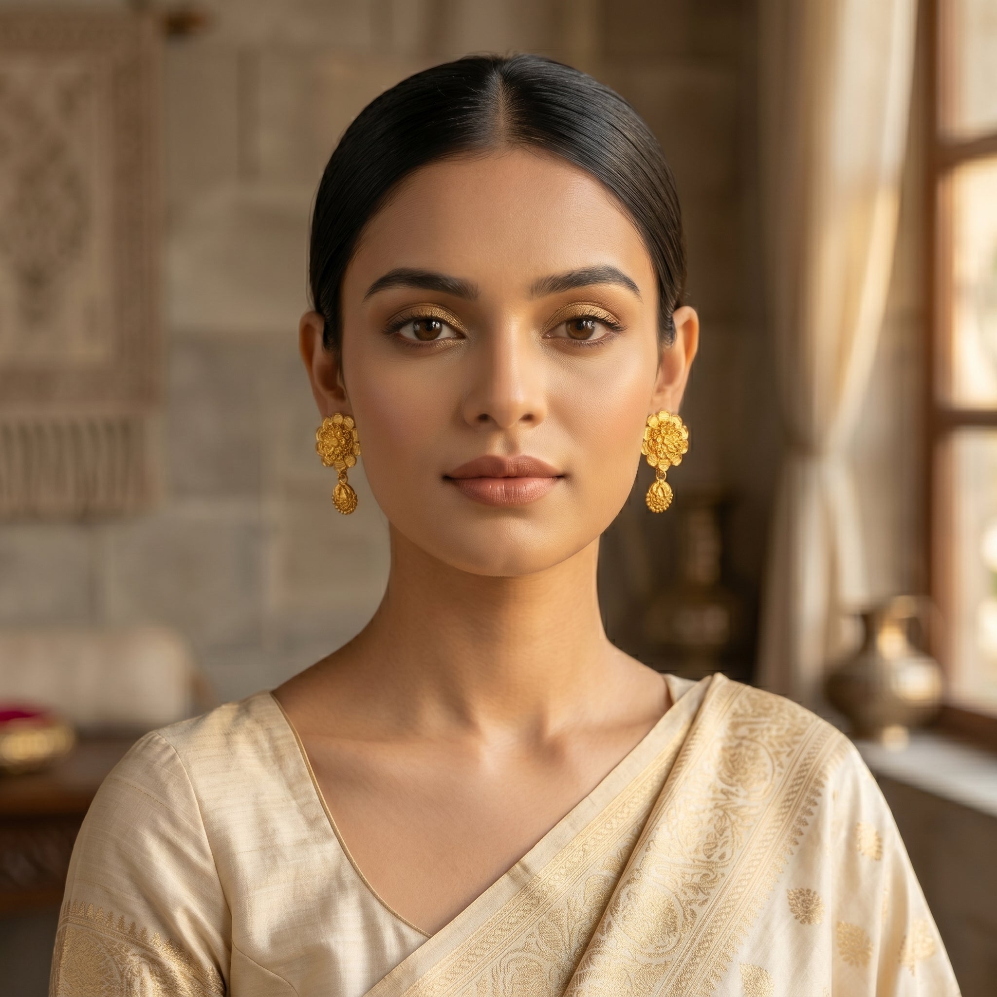 Gold Antique Floral Mini Jhumka Earrings