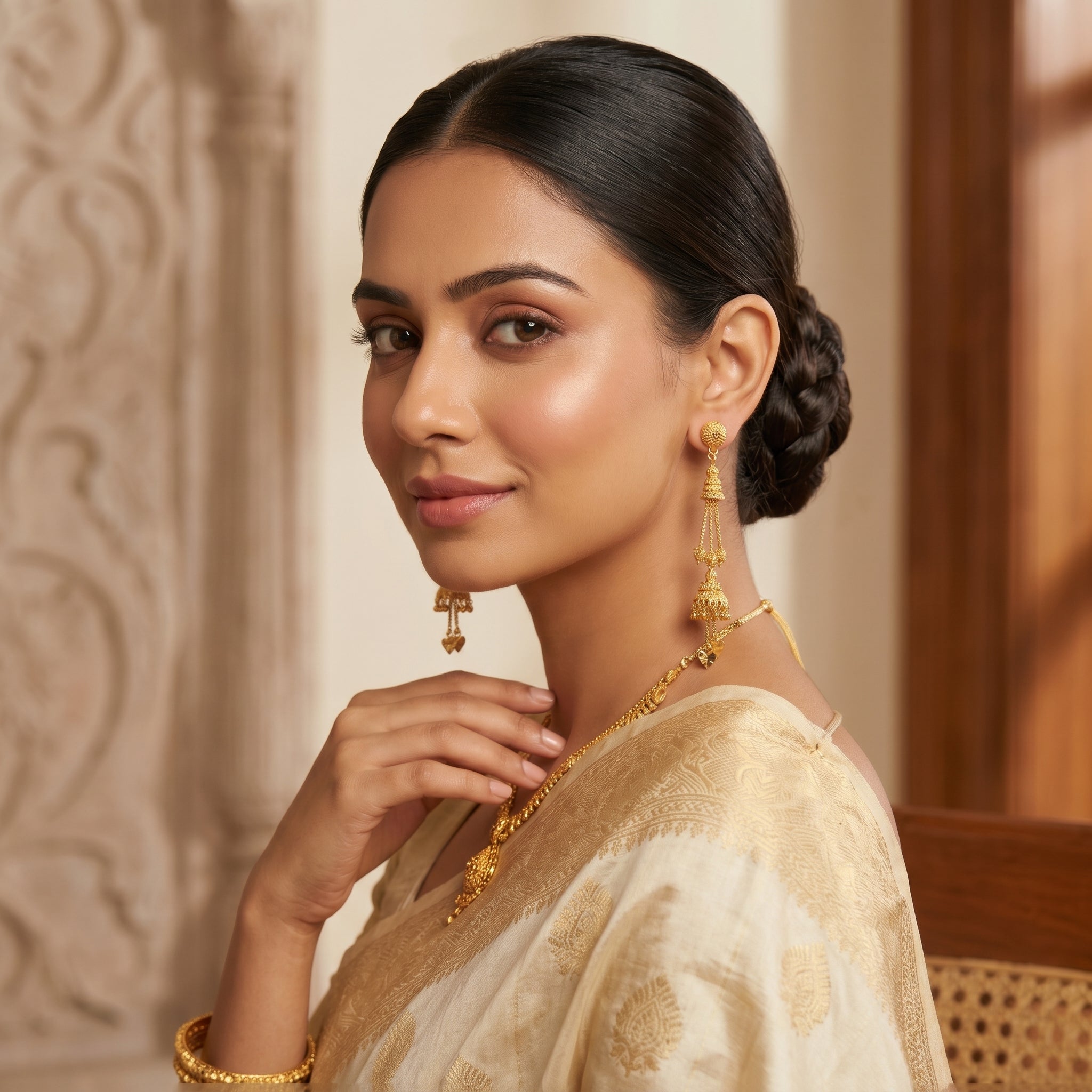 Gold Antique Tiered Bell Heart Drop Earrings