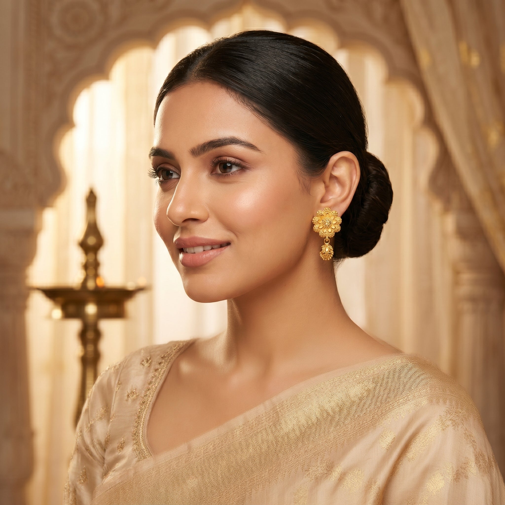 Gold Antique Layered Flower Bud Drop Earrings