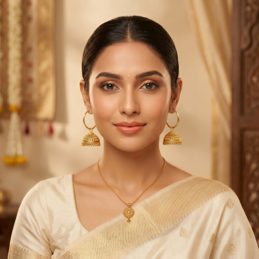 Gold Antique Beaded Hoop Jhumka Earrings