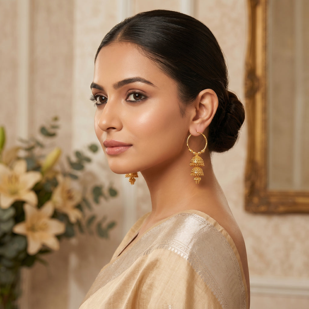 Gold Antique Hoop Double-Tier Beaded Jhumka Earrings