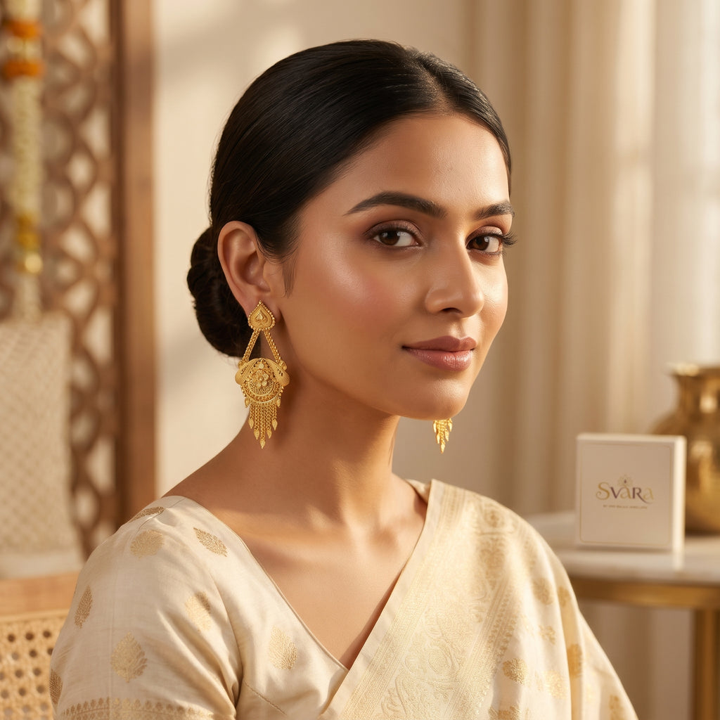 Gold Antique Floral Medallion Leaf Fringe Earrings