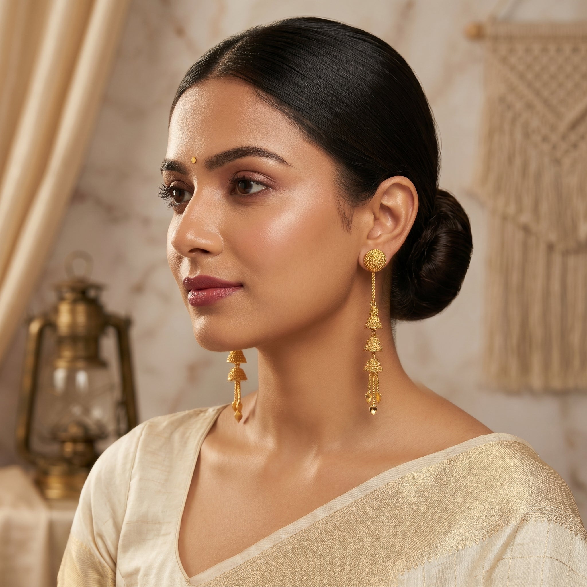 Gold Antique Triple Bell Leaf Fringe Earrings